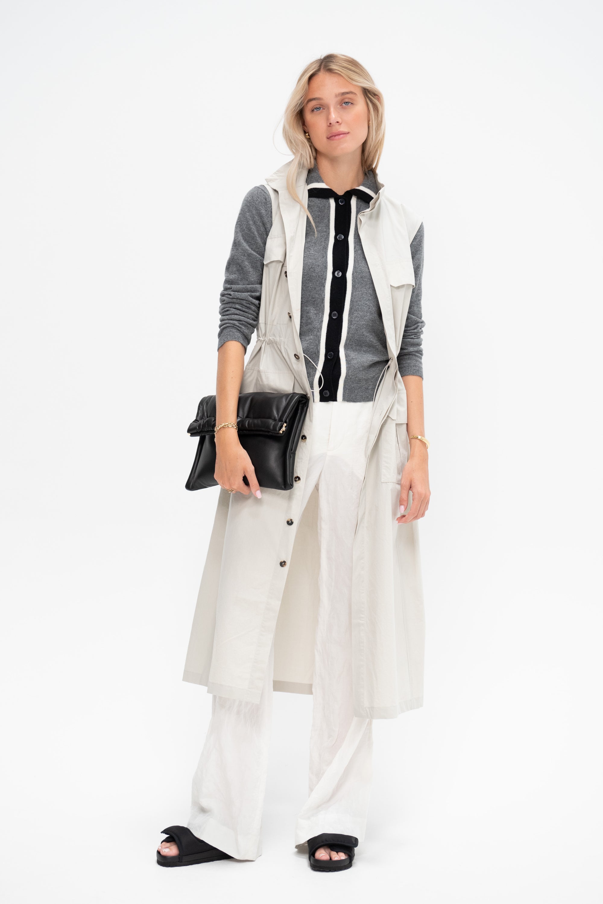 Bicolor Placket Cardigan, Graphite