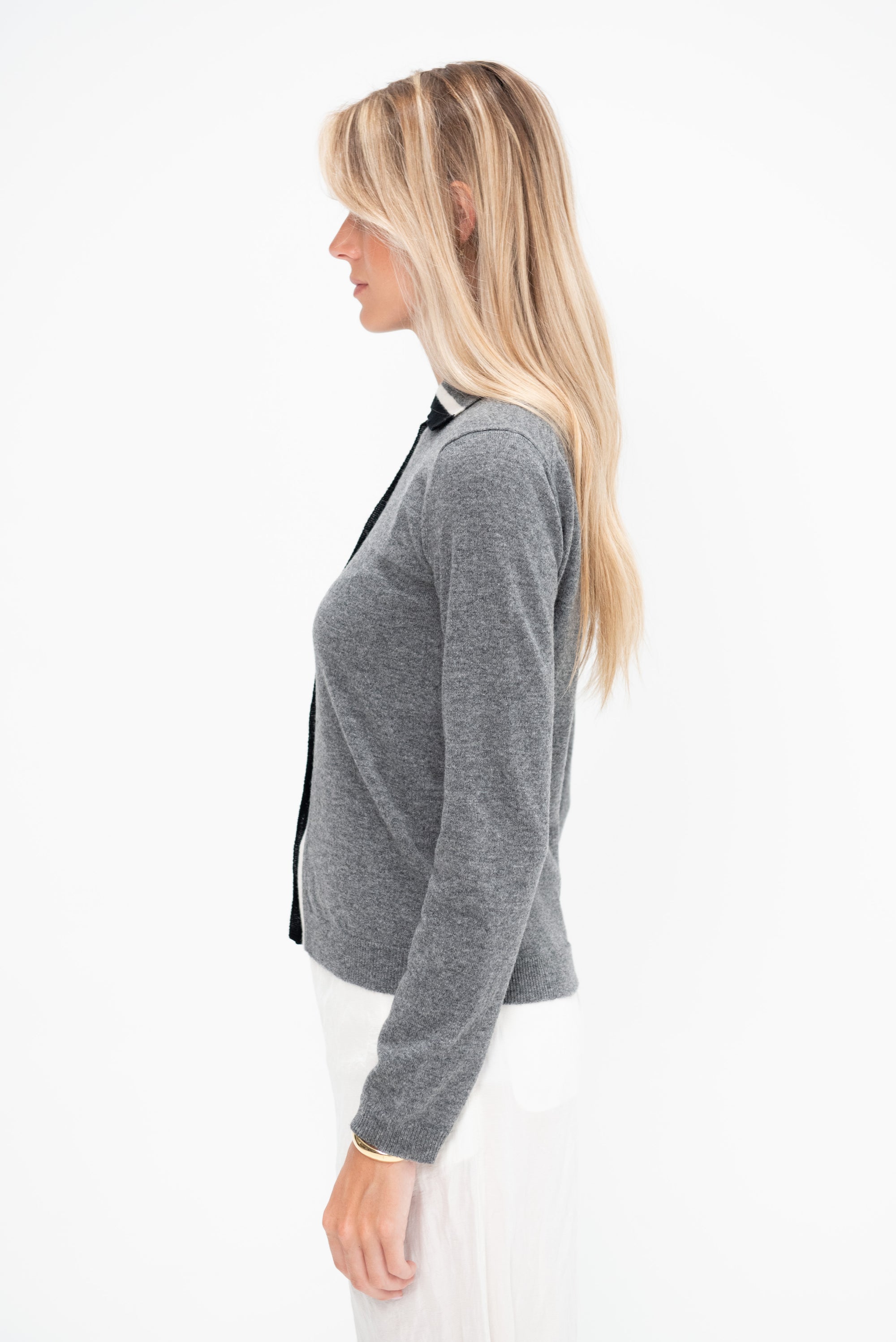 Bicolor Placket Cardigan, Graphite