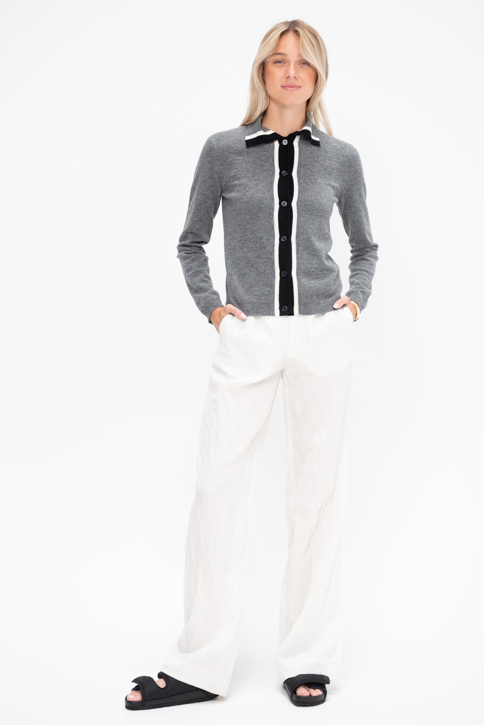 Bicolor Placket Cardigan, Graphite