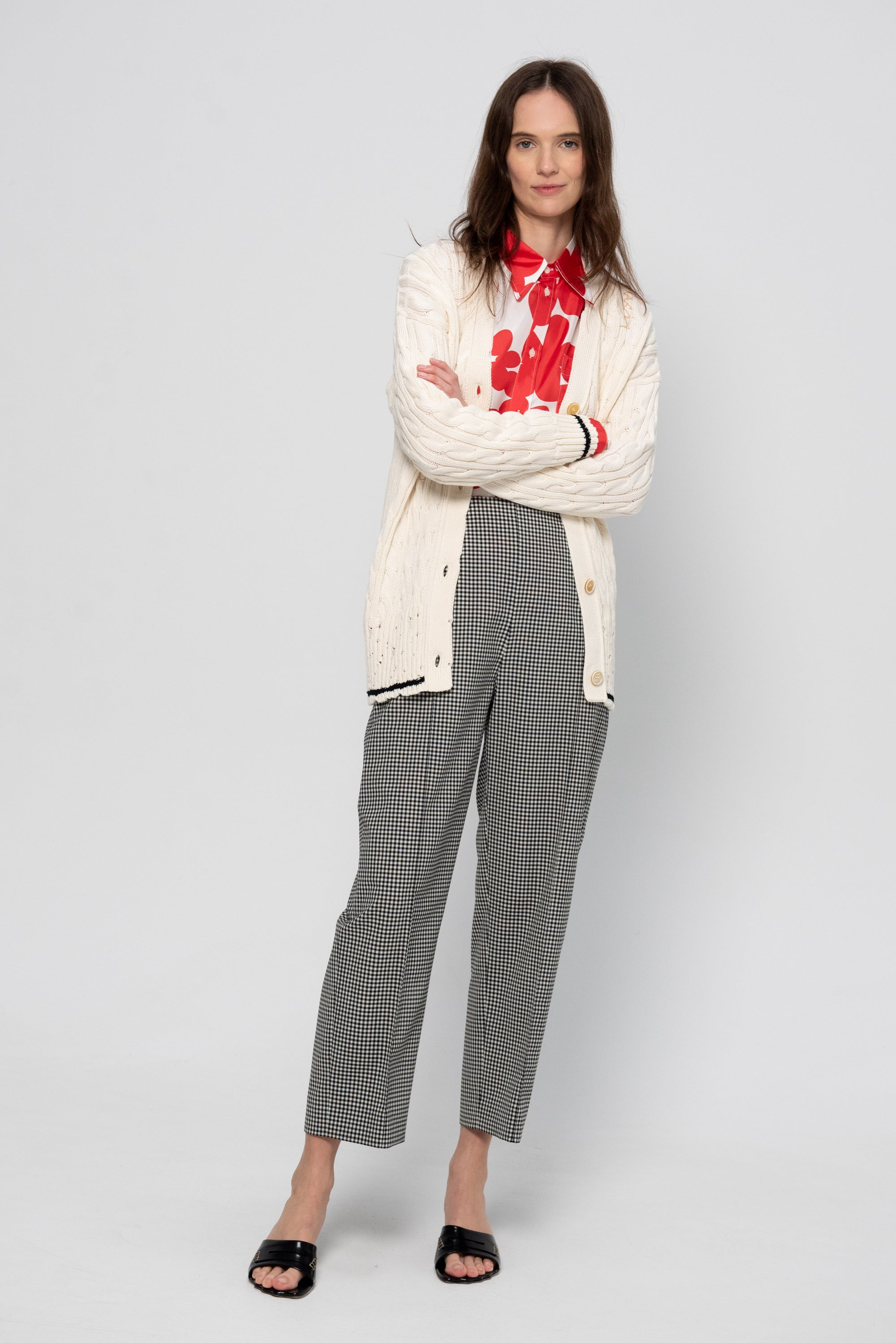 Checked Wool Blend Trousers, Black &amp; White
