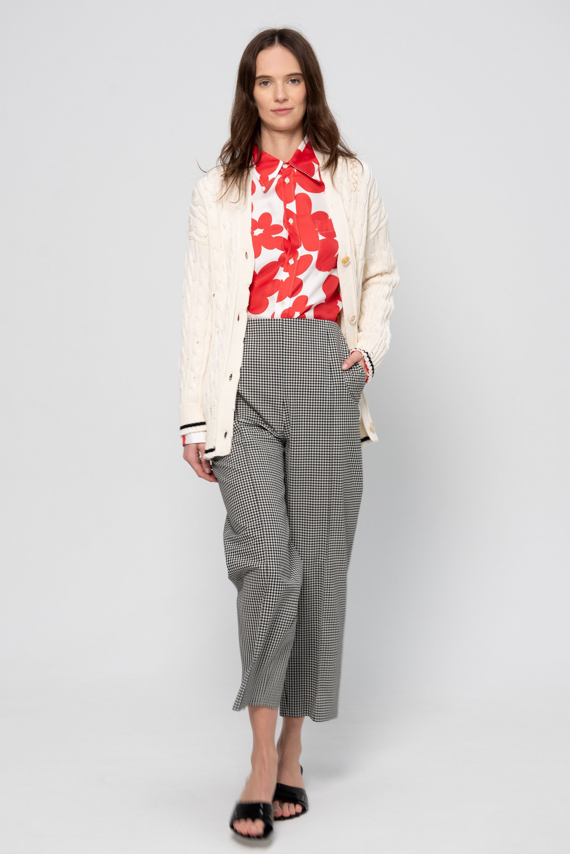 Checked Wool Blend Trousers, Black &amp; White