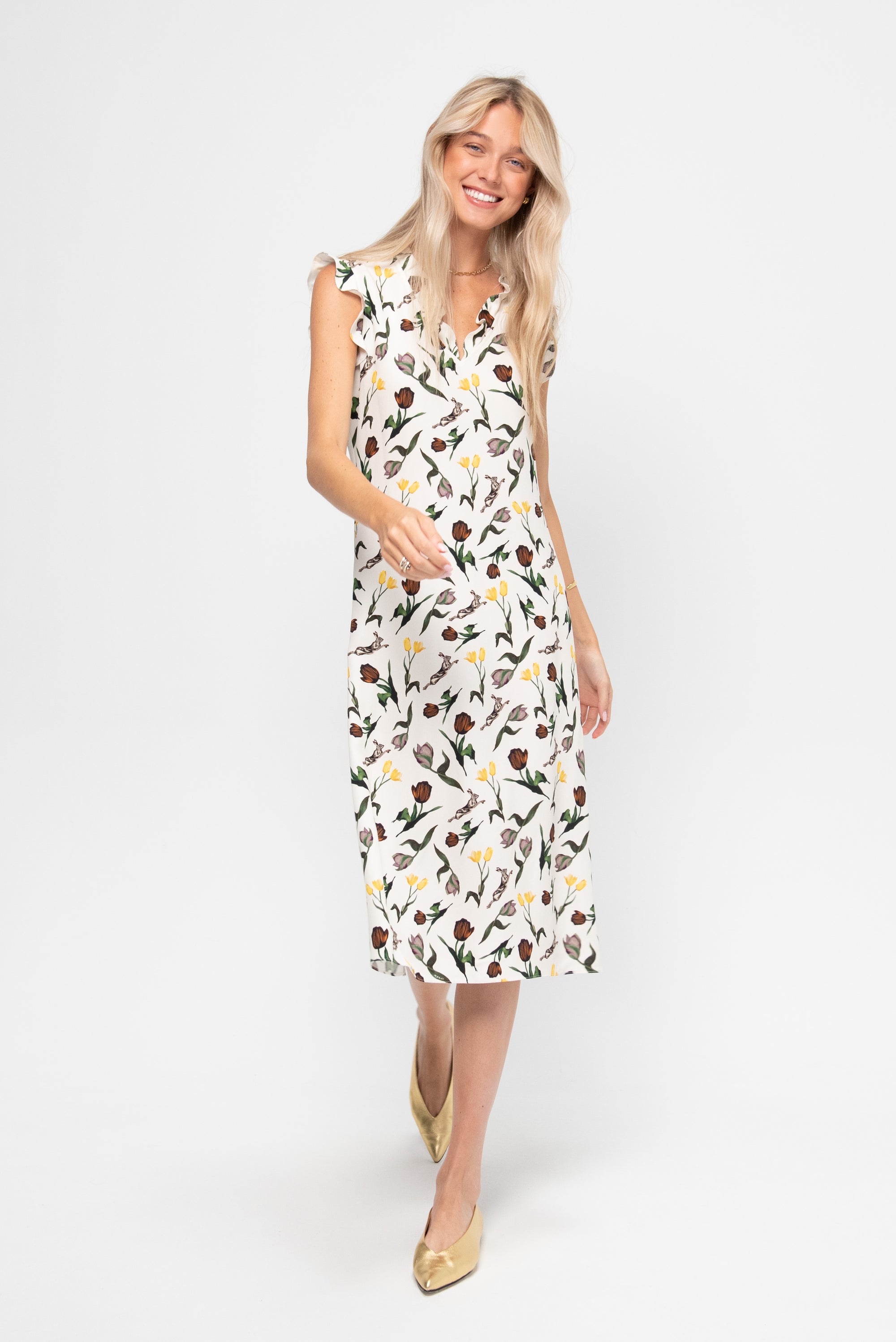 Tulips and Hares Print Envers Satin Dress, Limestone