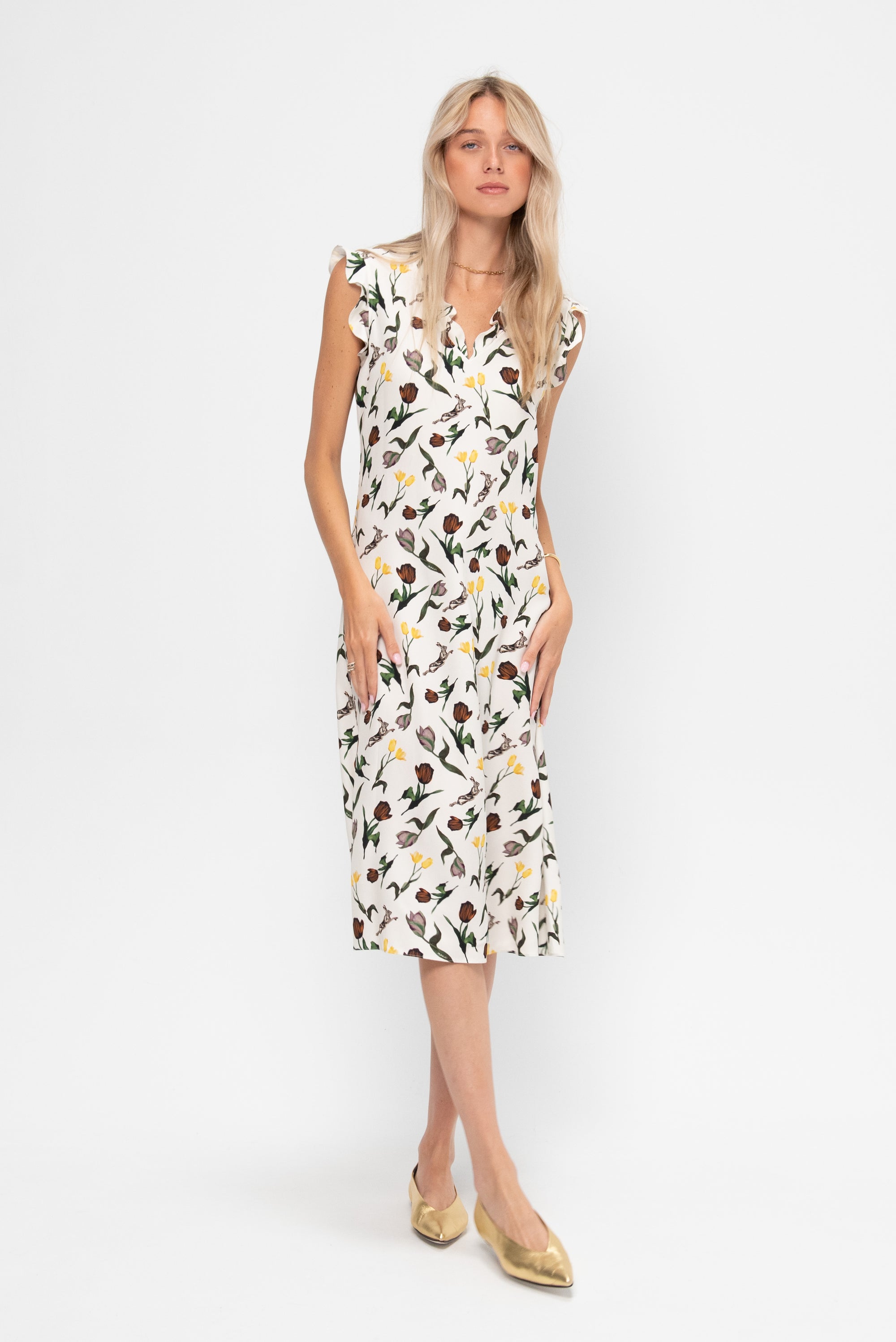 Tulips and Hares Print Envers Satin Dress, Limestone