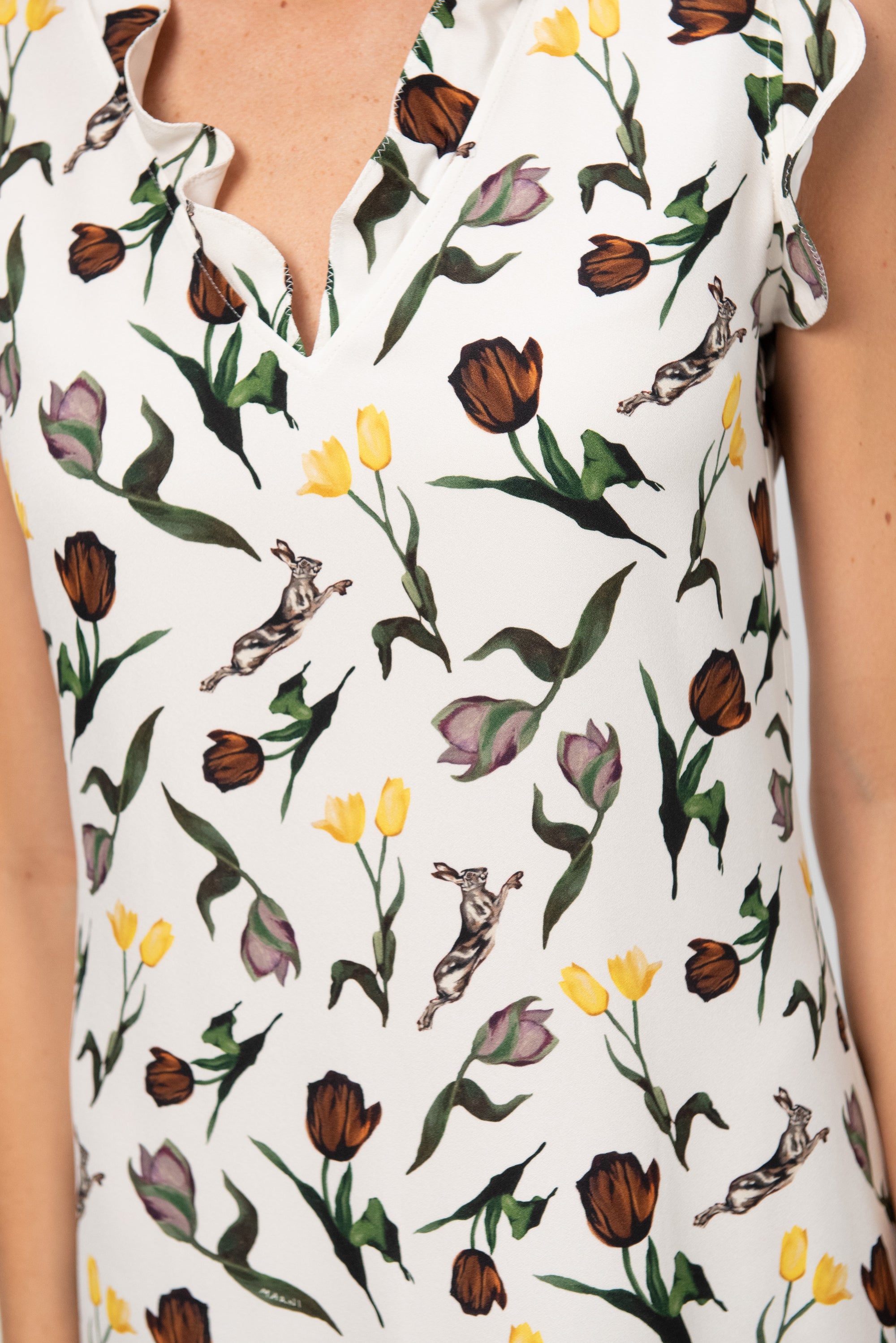 Tulips and Hares Print Envers Satin Dress, Limestone