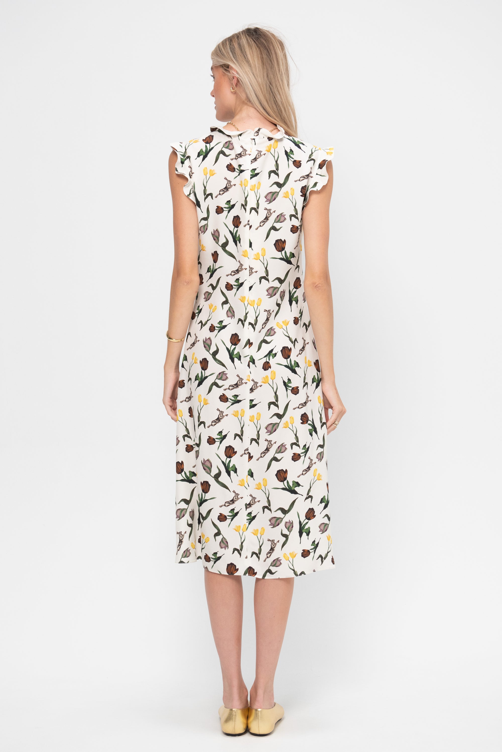 Tulips and Hares Print Envers Satin Dress, Limestone