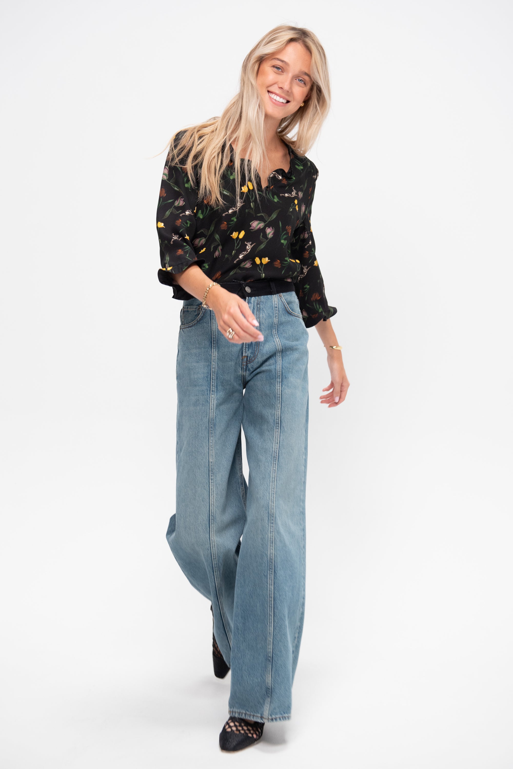 Tulips and Hares Print Envers Satin Top, Black