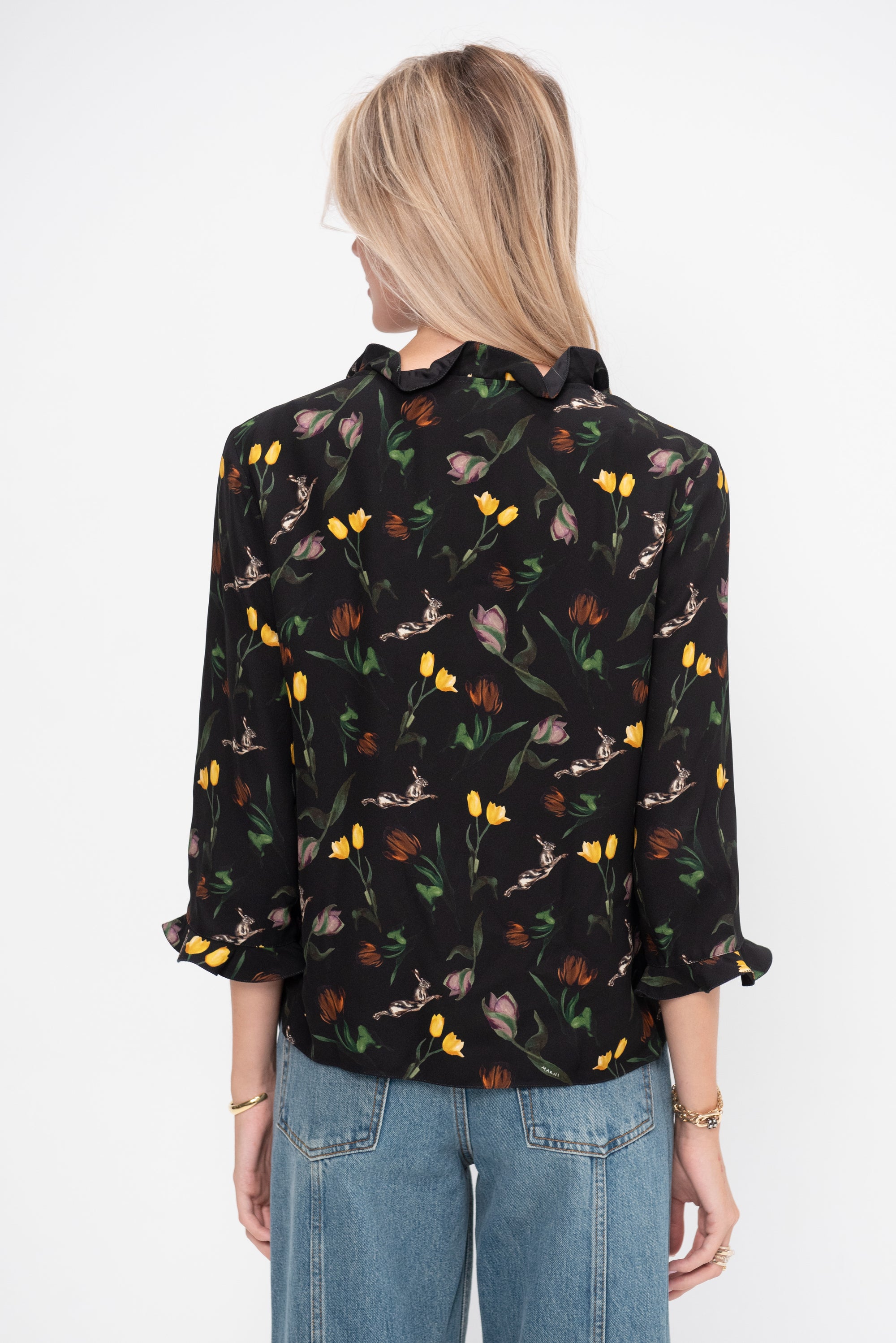 Tulips and Hares Print Envers Satin Top, Black