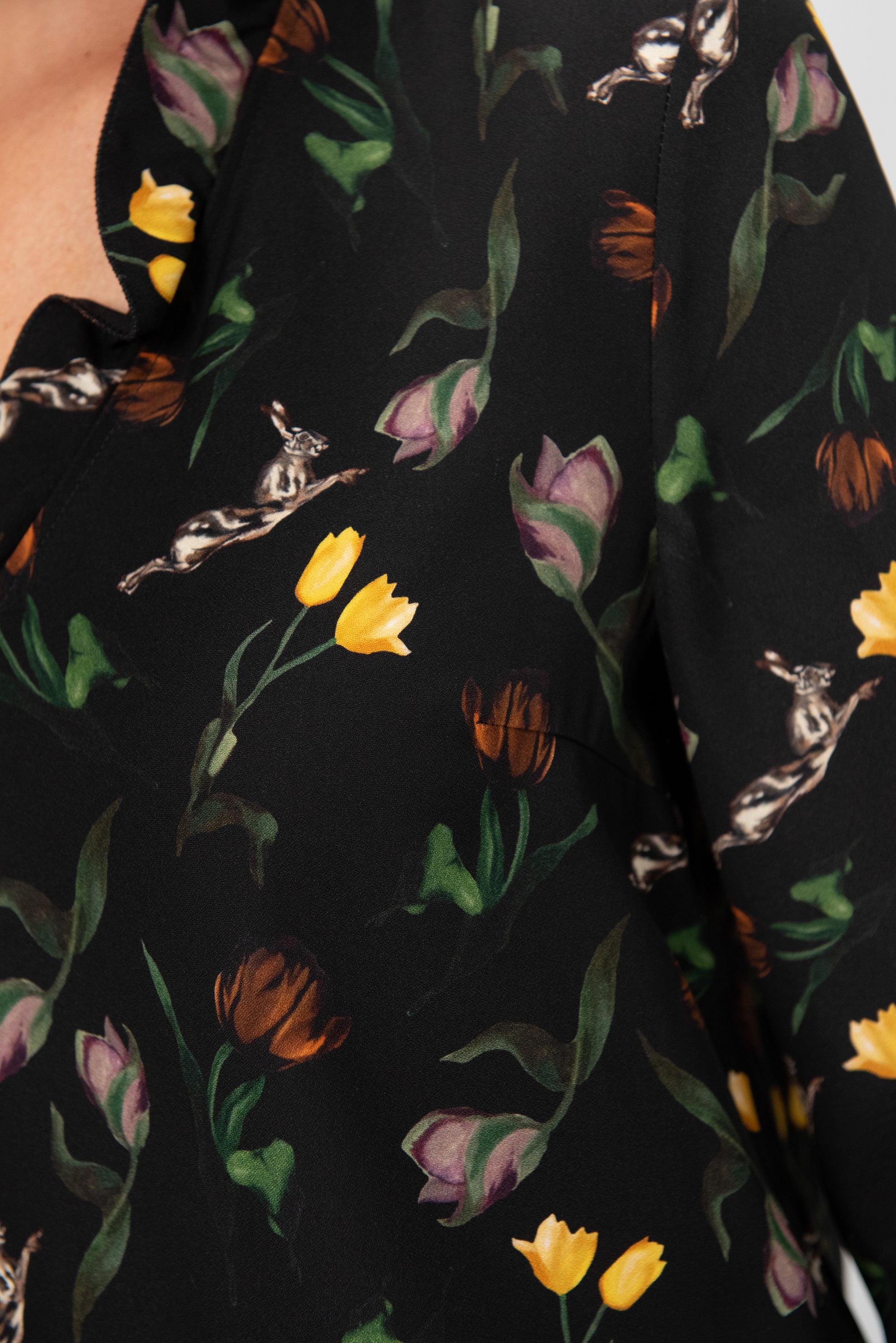 Tulips and Hares Print Envers Satin Top, Black