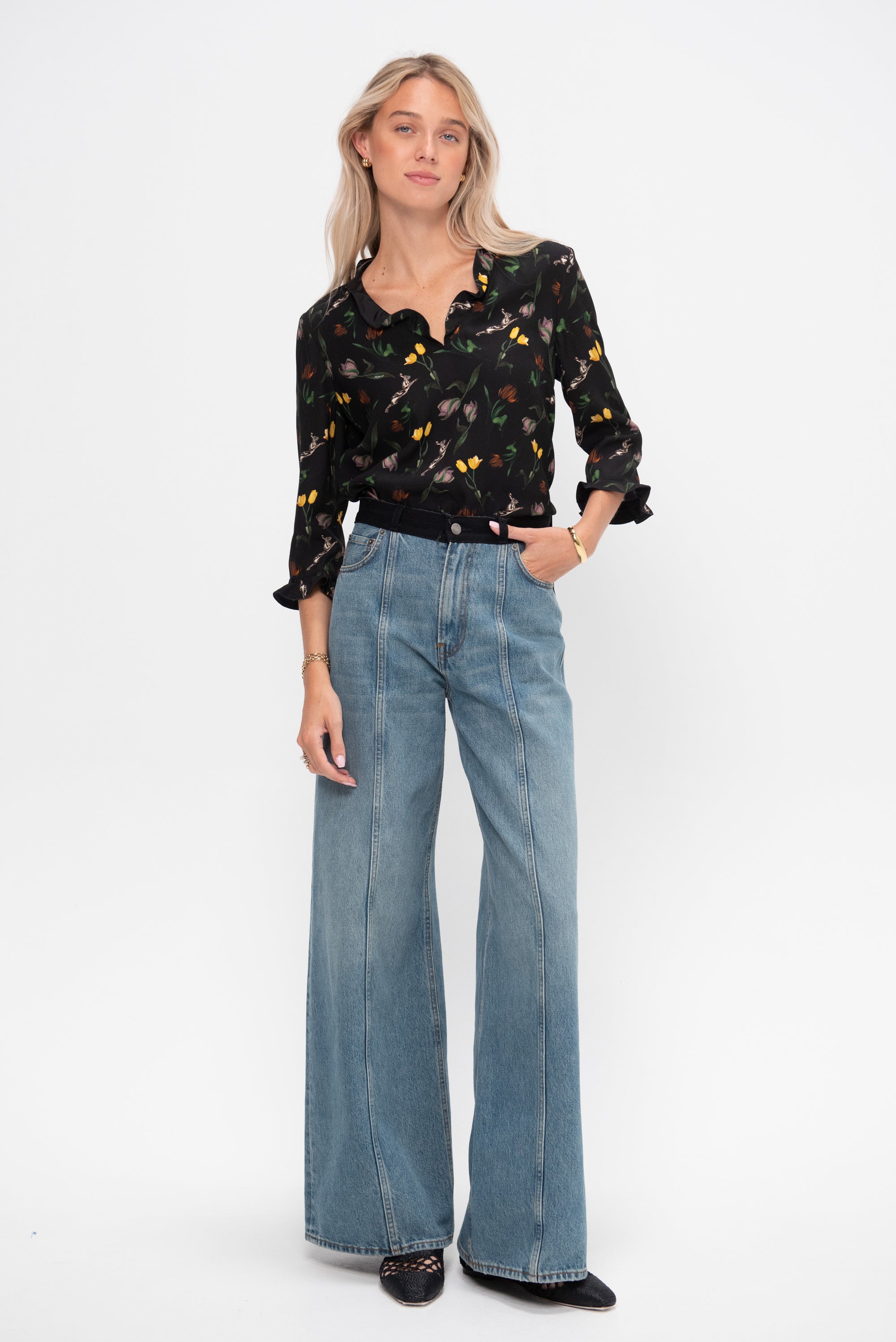 Tulips and Hares Print Envers Satin Top, Black