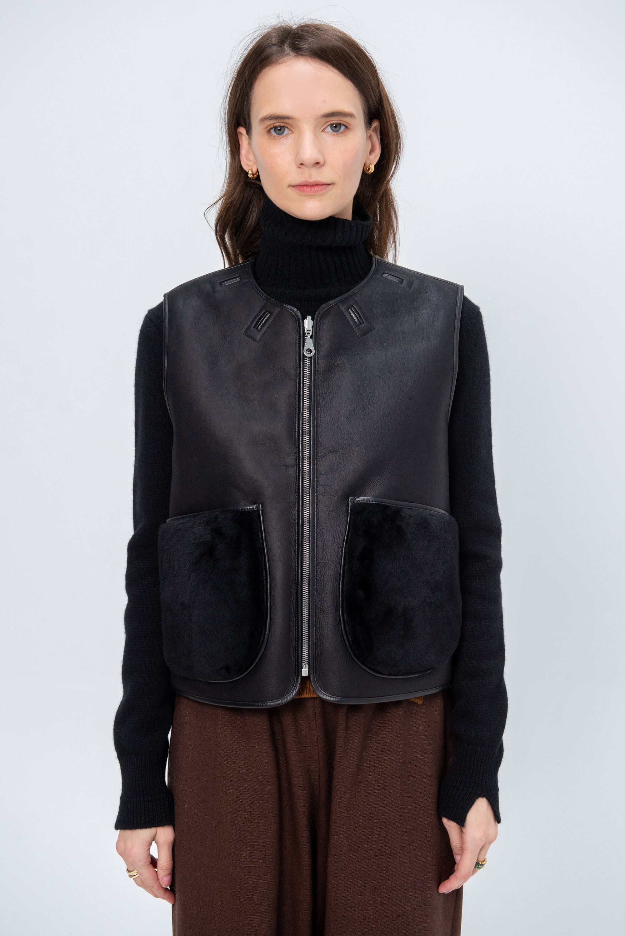 Cropped Aviator Vest, Black &amp; Dark Olive