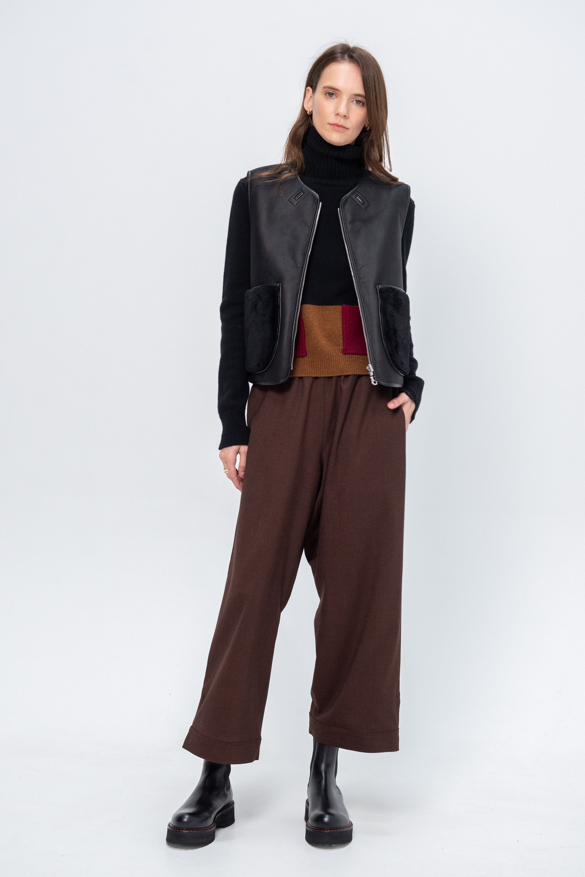 Cropped Aviator Vest, Black &amp; Dark Olive