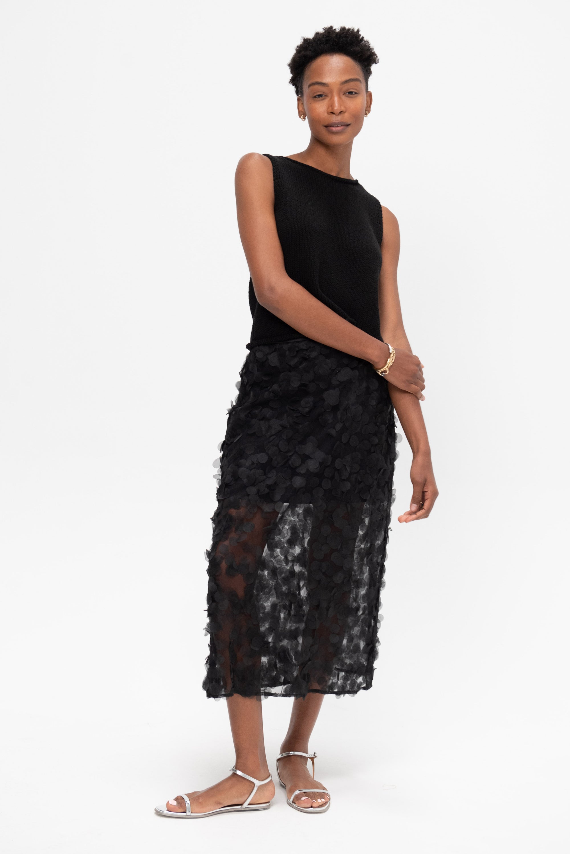 Appliqued Midi Skirt, Black