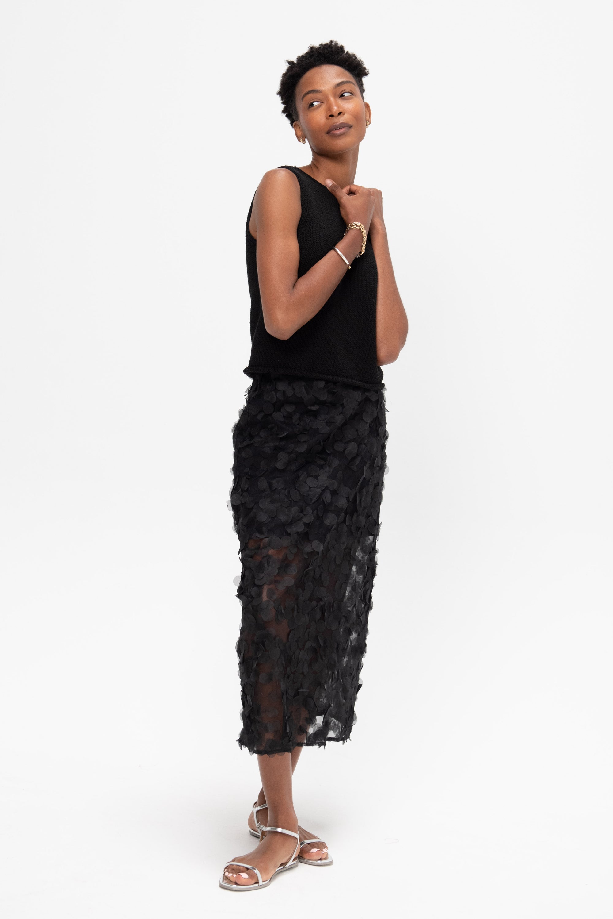 Appliqued Midi Skirt, Black