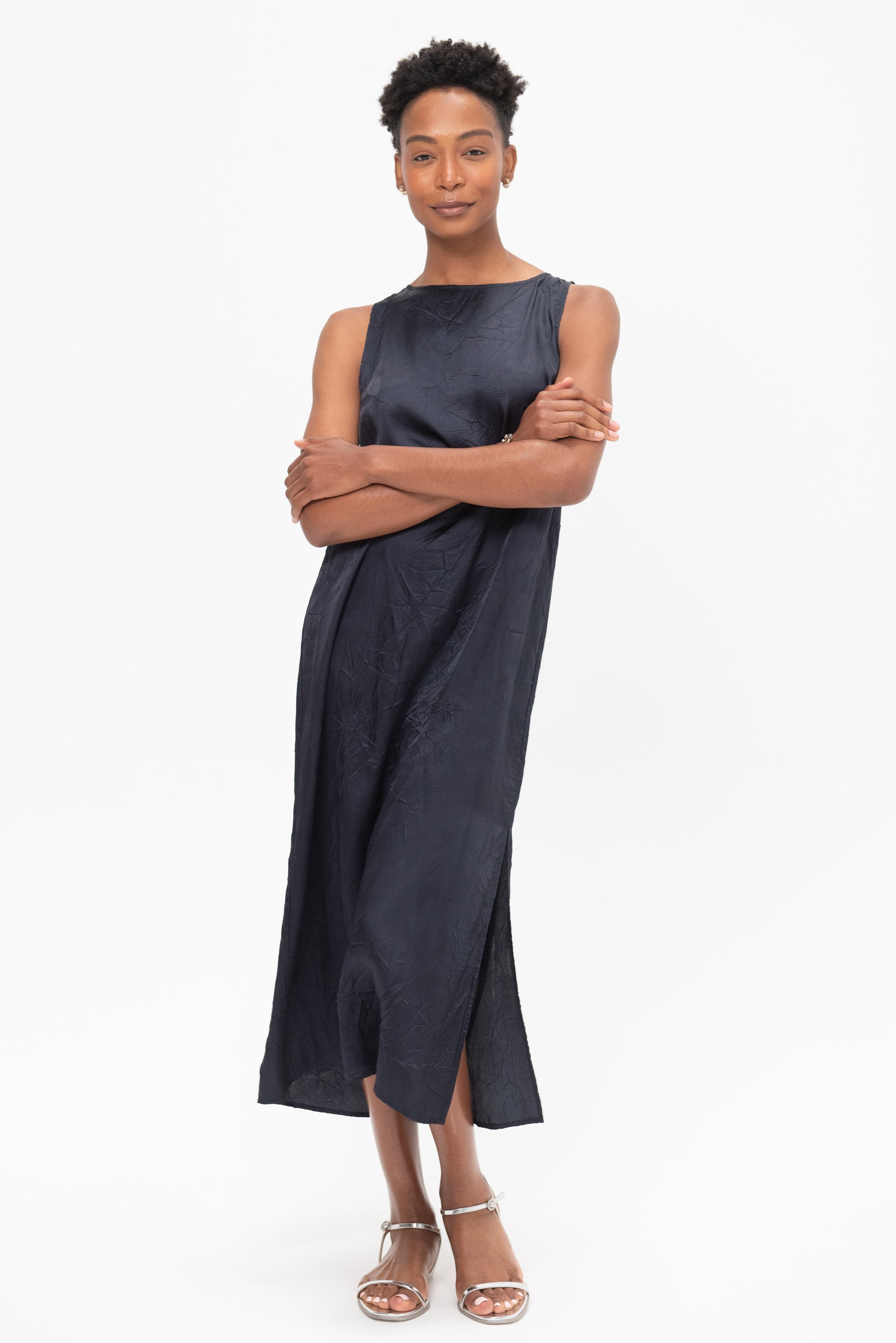 Creased Satin Midi Dress, Navy
