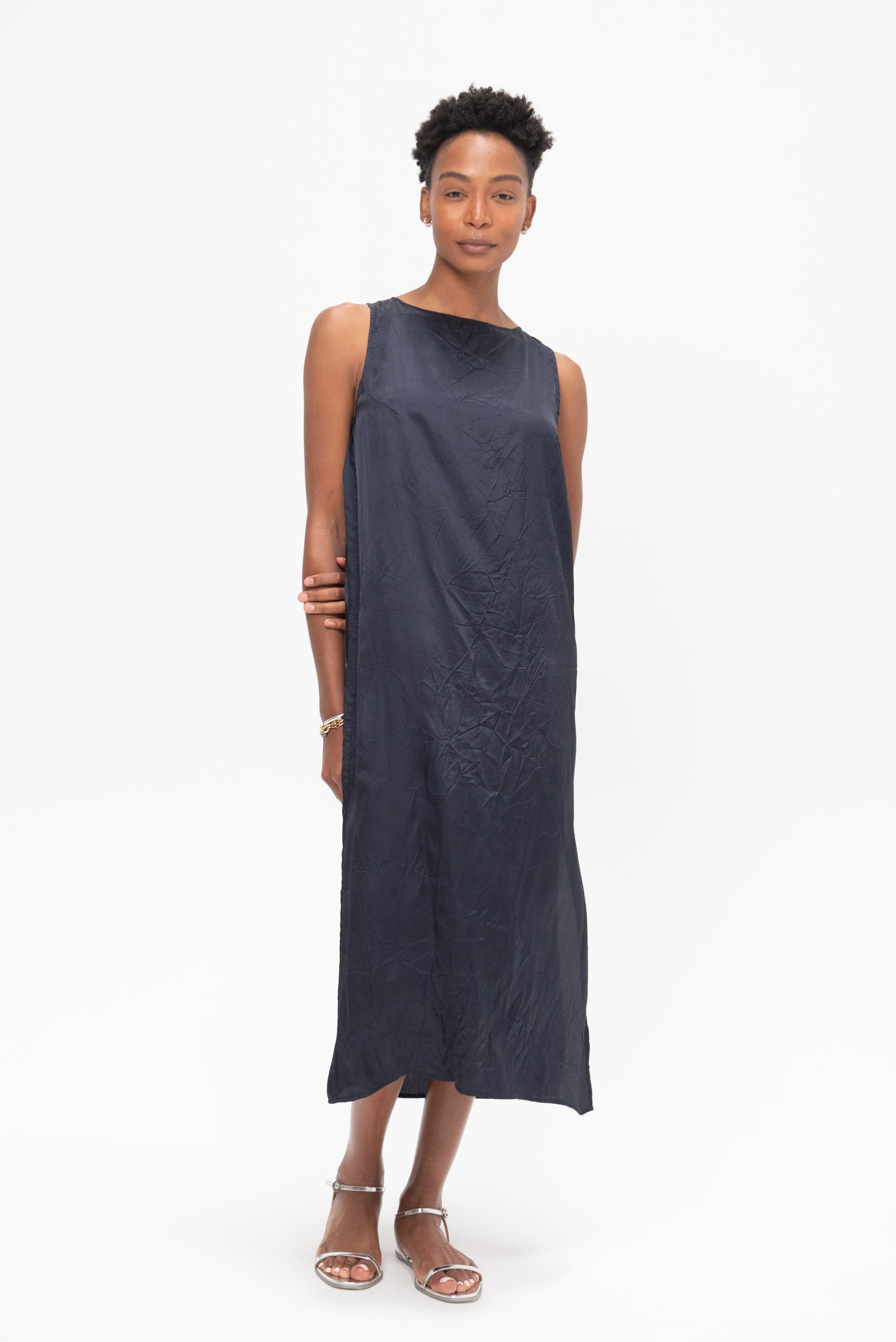Creased Satin Midi Dress, Navy