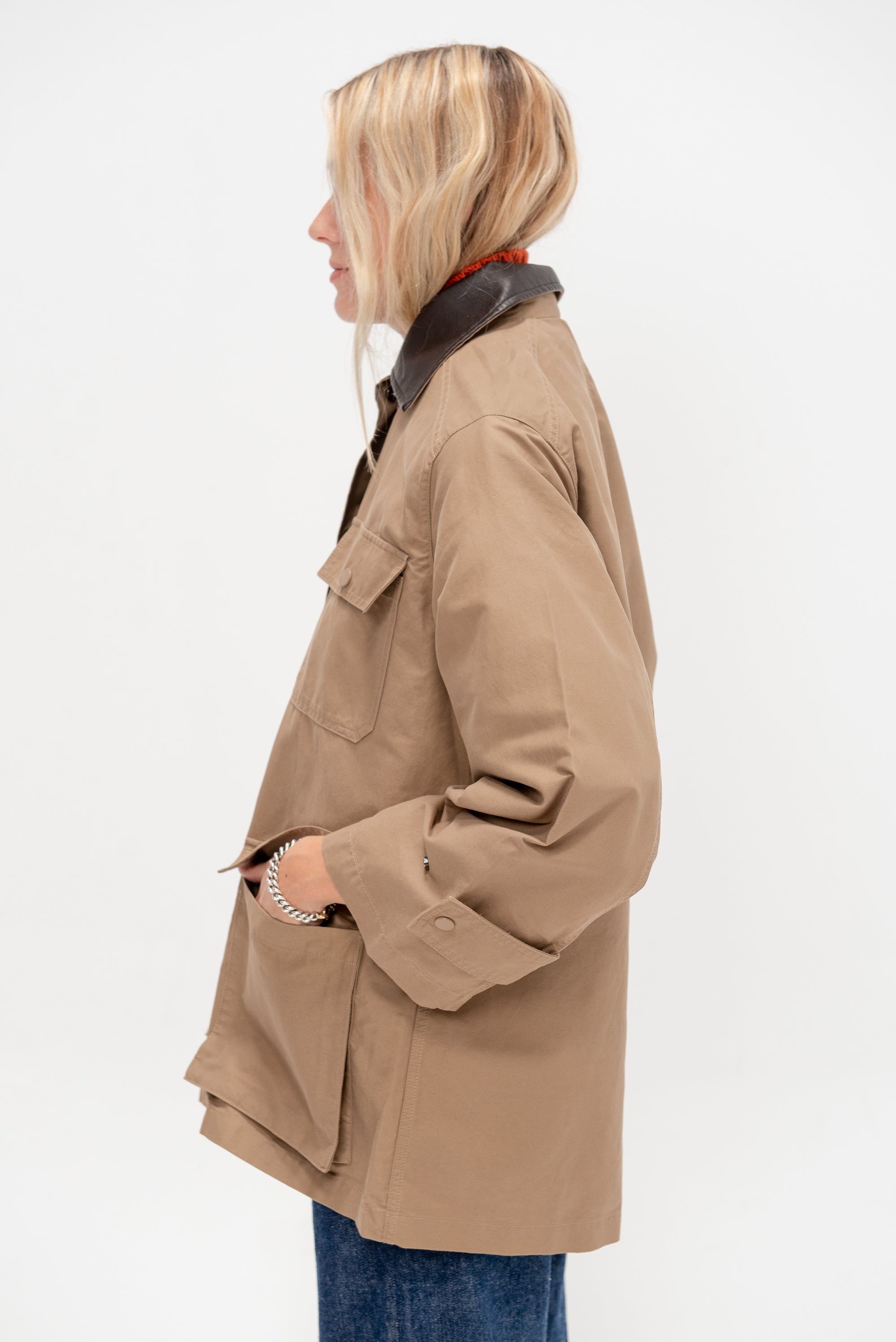 Contrast Collar Work Jacket, Dark Beige