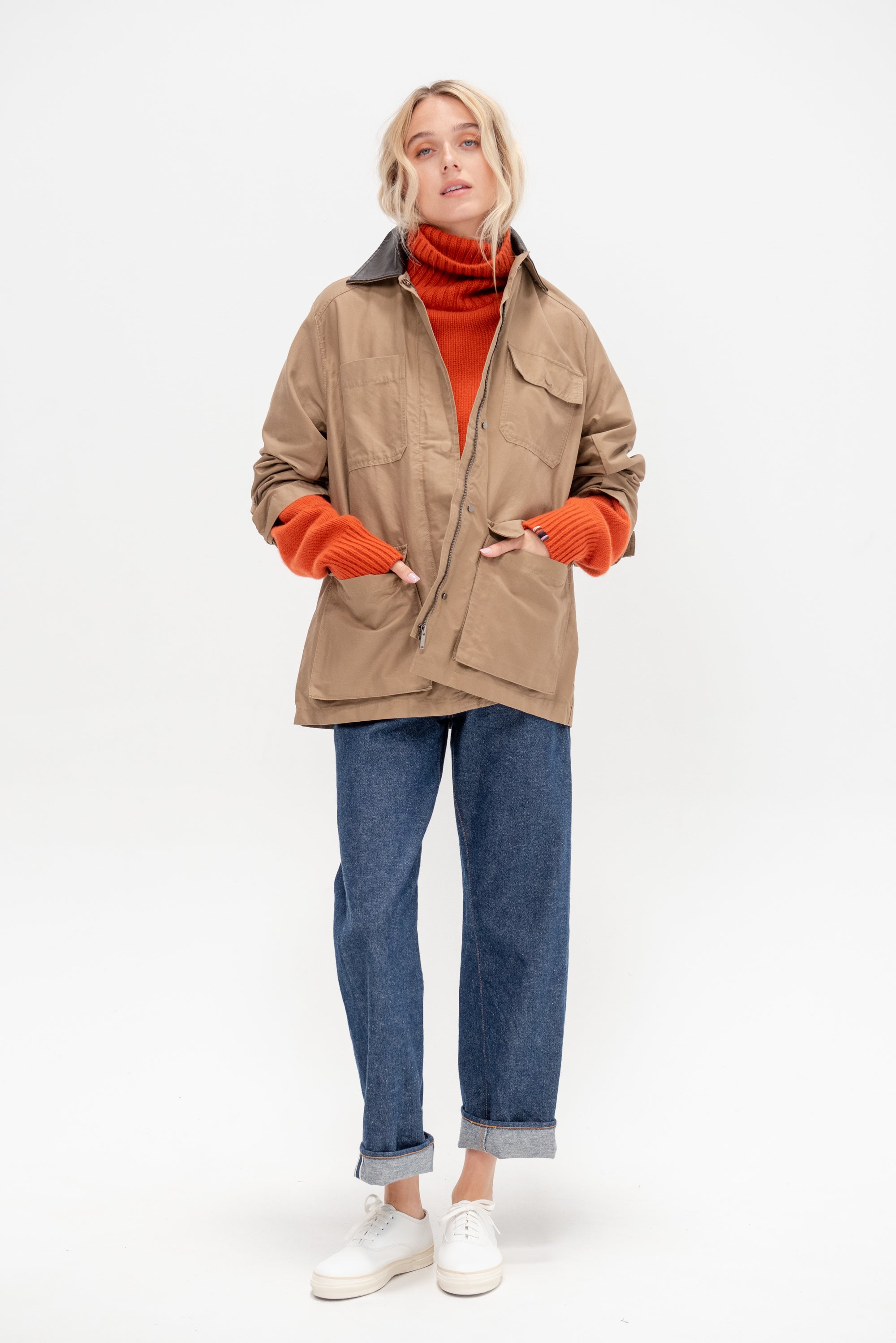 Contrast Collar Work Jacket, Dark Beige