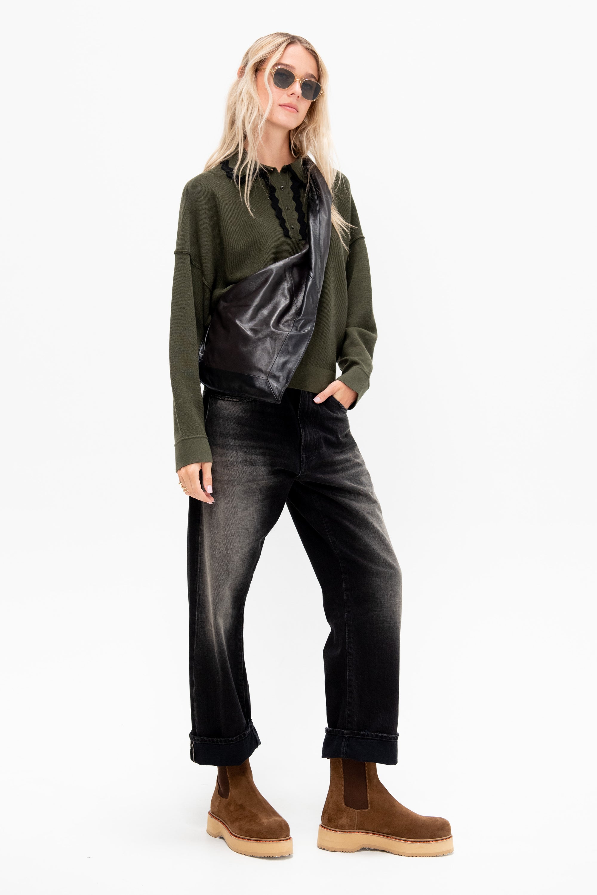 Duchesse - Long Sleeves Knit Top, Kaki &amp; Noir