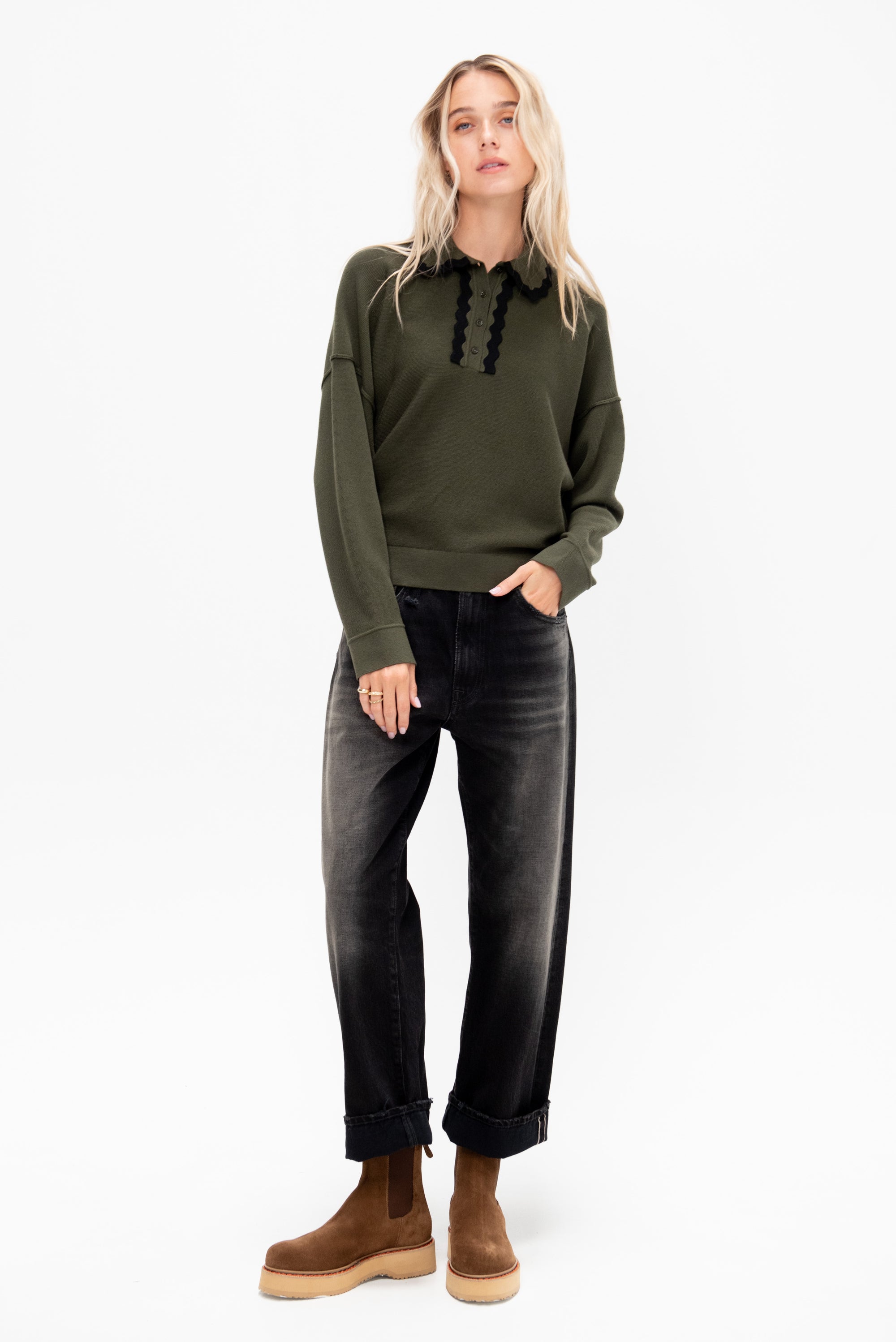 Duchesse - Long Sleeves Knit Top, Kaki &amp; Noir