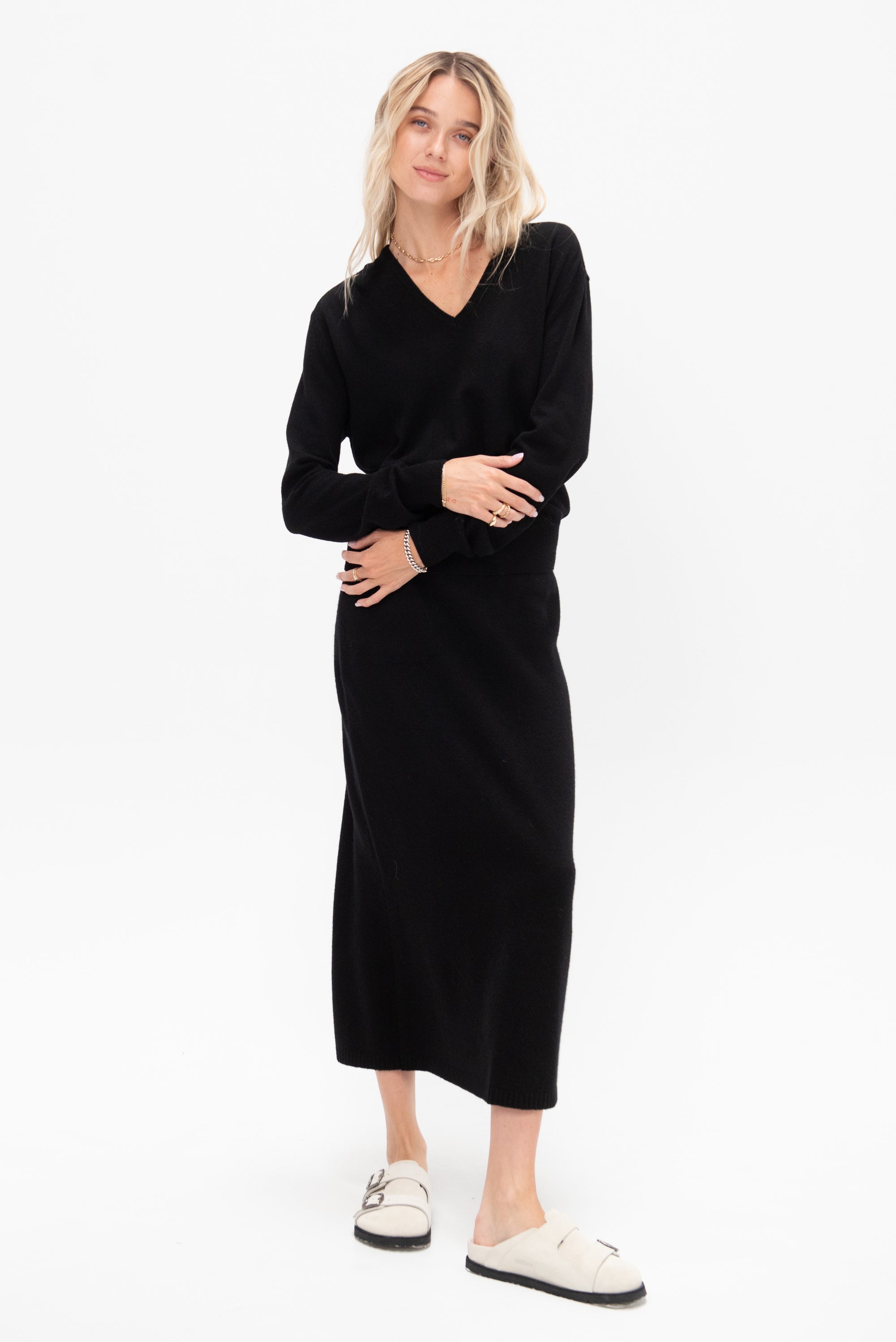 Cashmere Blend Knit Midi Skirt, Black