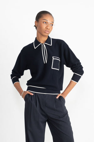 MOLLI - Slick Knit Shirt with Band-Edged Collar, Natural Night