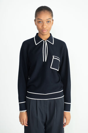 MOLLI - Slick Knit Shirt with Band-Edged Collar, Natural Night