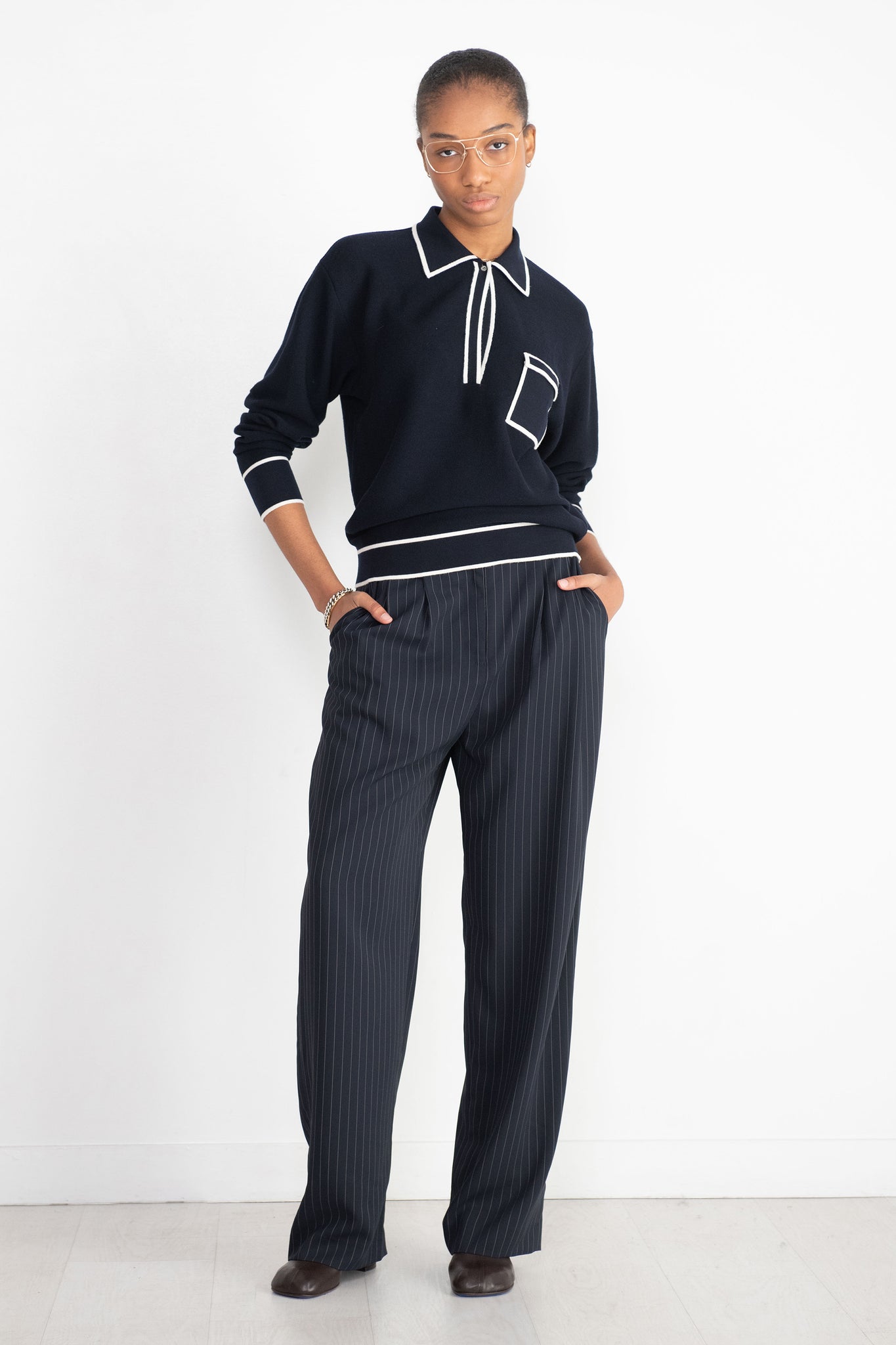 MOLLI - Slick Knit Shirt with Band-Edged Collar, Natural Night