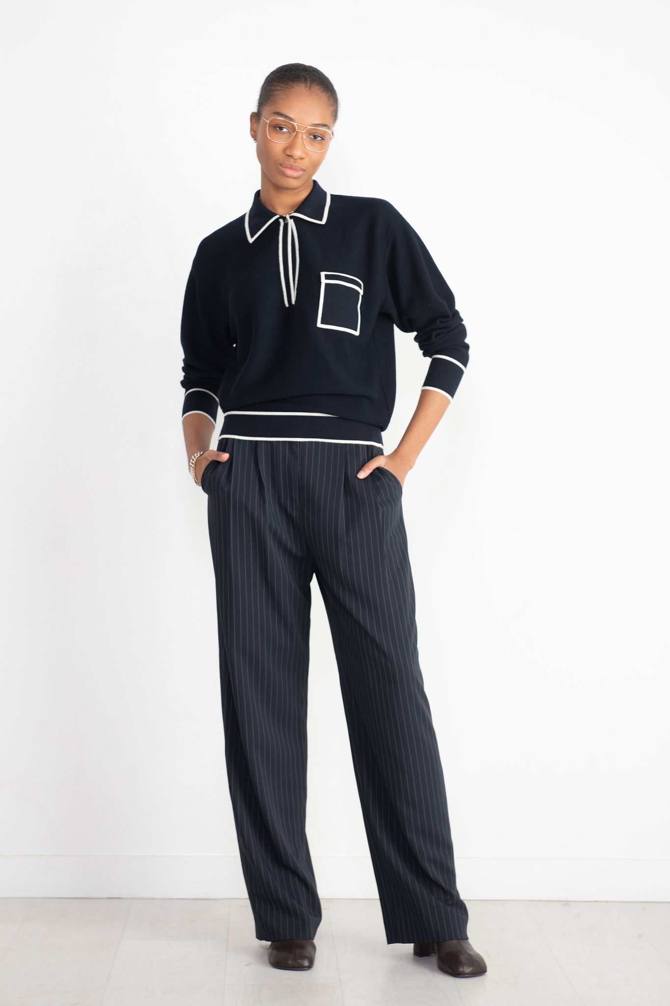 MOLLI - Slick Knit Shirt with Band-Edged Collar, Natural Night