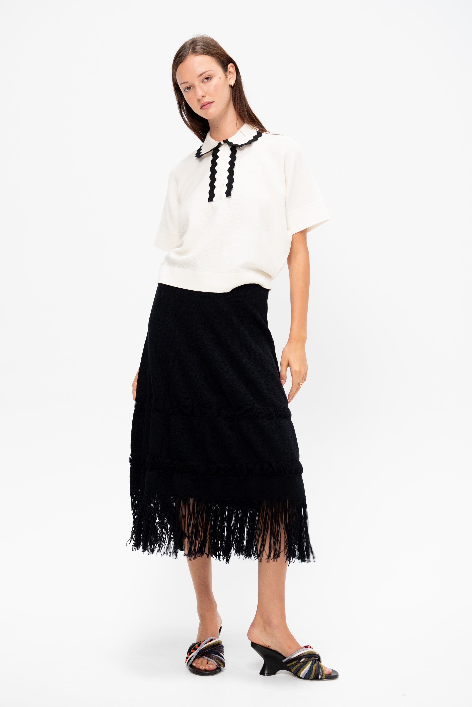 Danse - Knit Pencil Skirt with Fringe, Deep Black