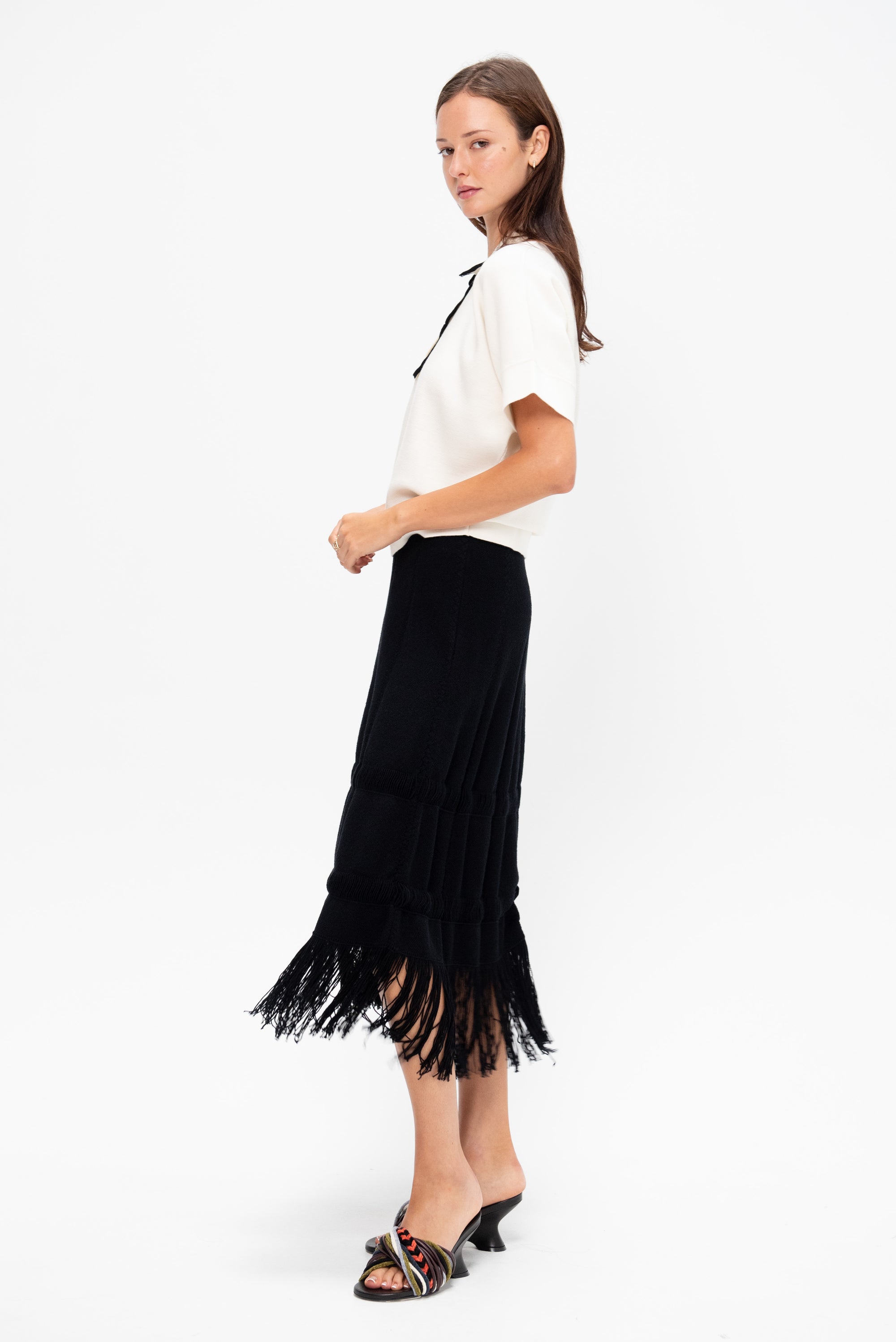 Danse - Knit Pencil Skirt with Fringe, Deep Black
