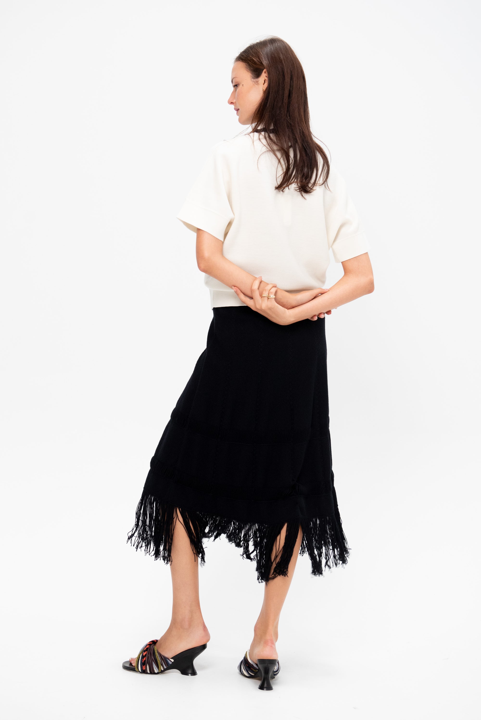 Danse - Knit Pencil Skirt with Fringe, Deep Black