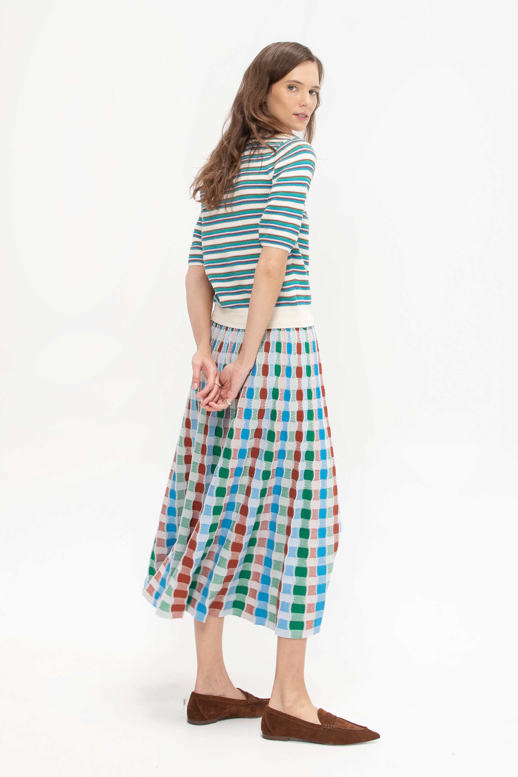 Divin2 - Fine Knit Top With Colorful Stripes, Natural-Green-Blue