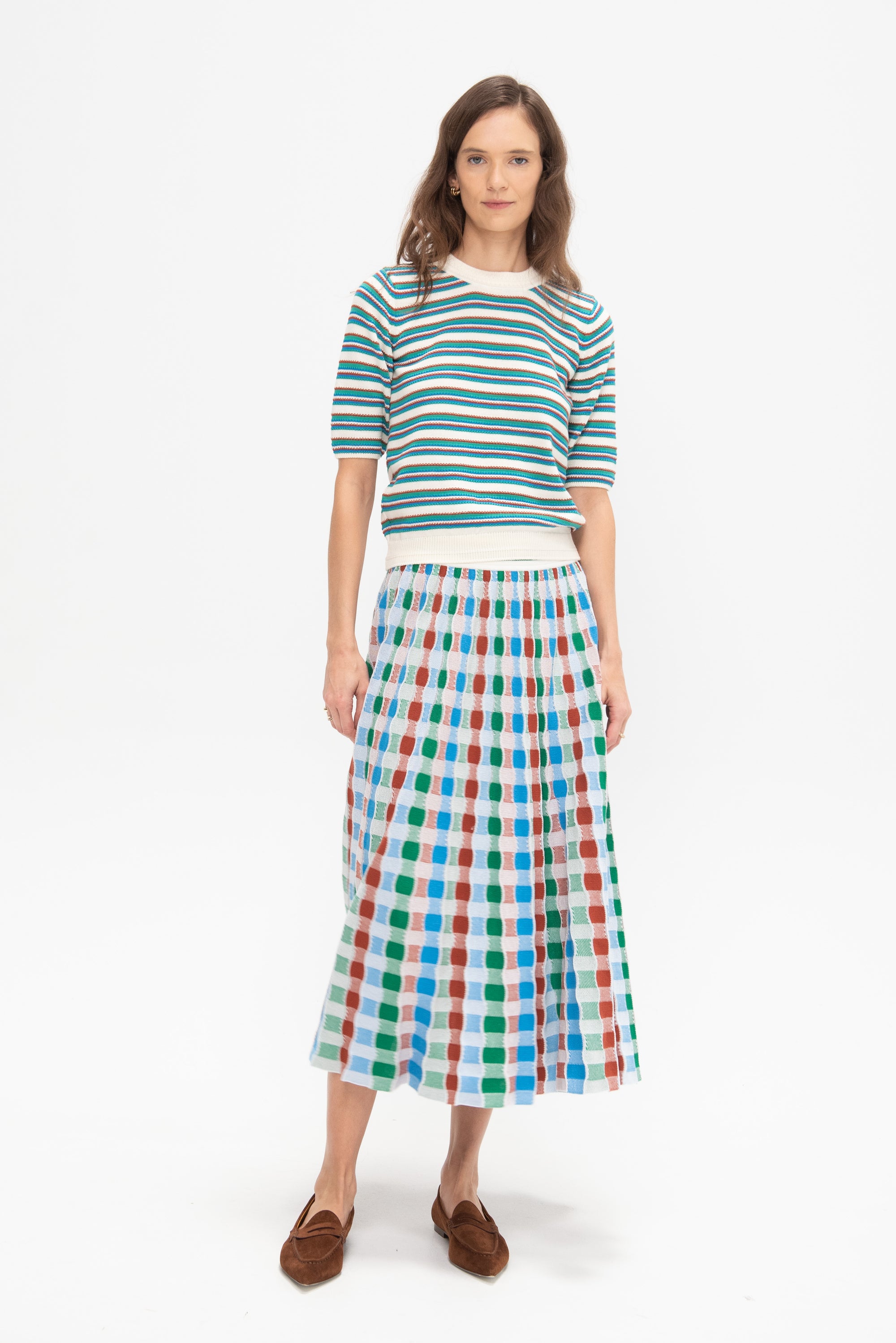 Divin2 - Fine Knit Top With Colorful Stripes, Natural-Green-Blue