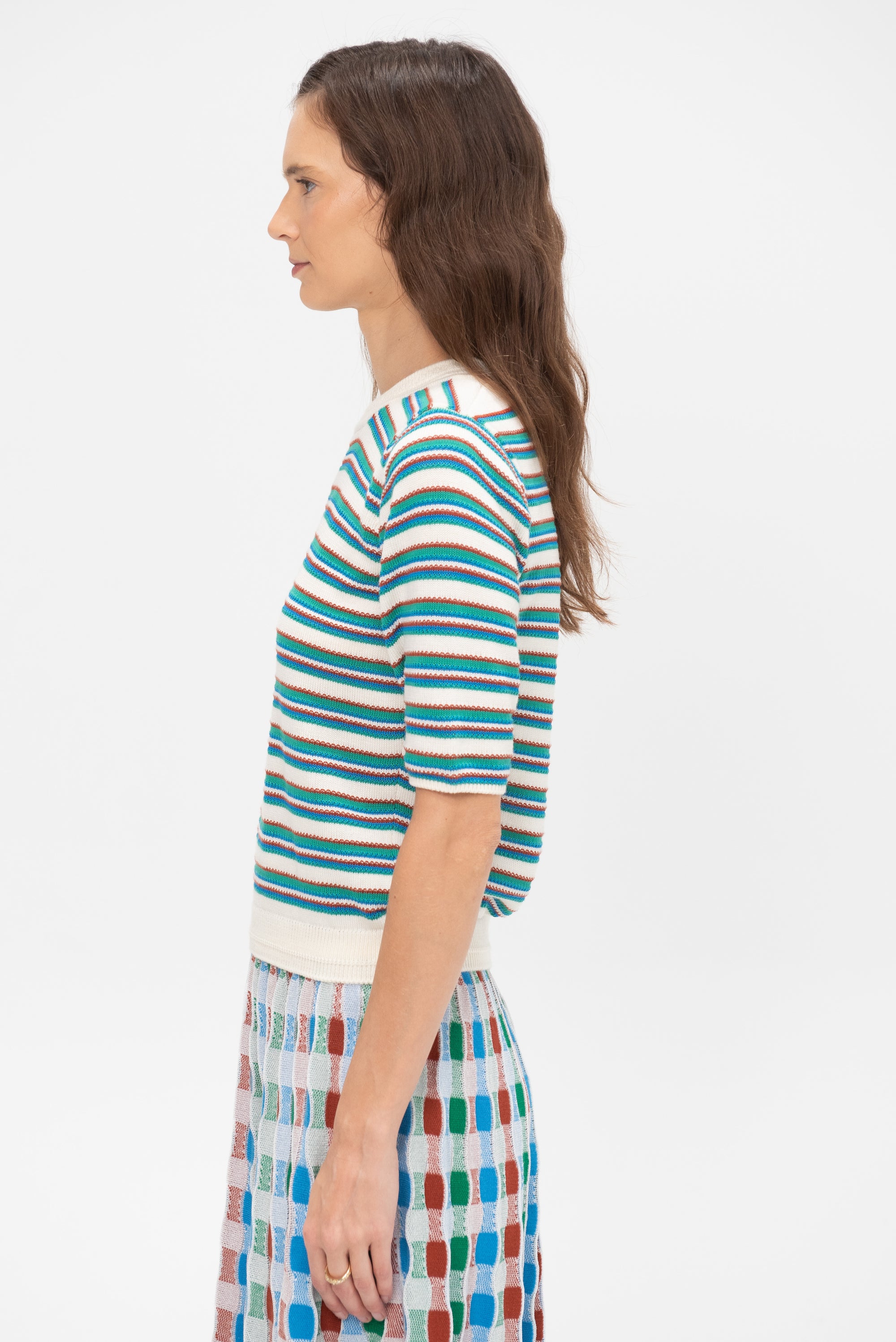 Divin2 - Fine Knit Top With Colorful Stripes, Natural-Green-Blue