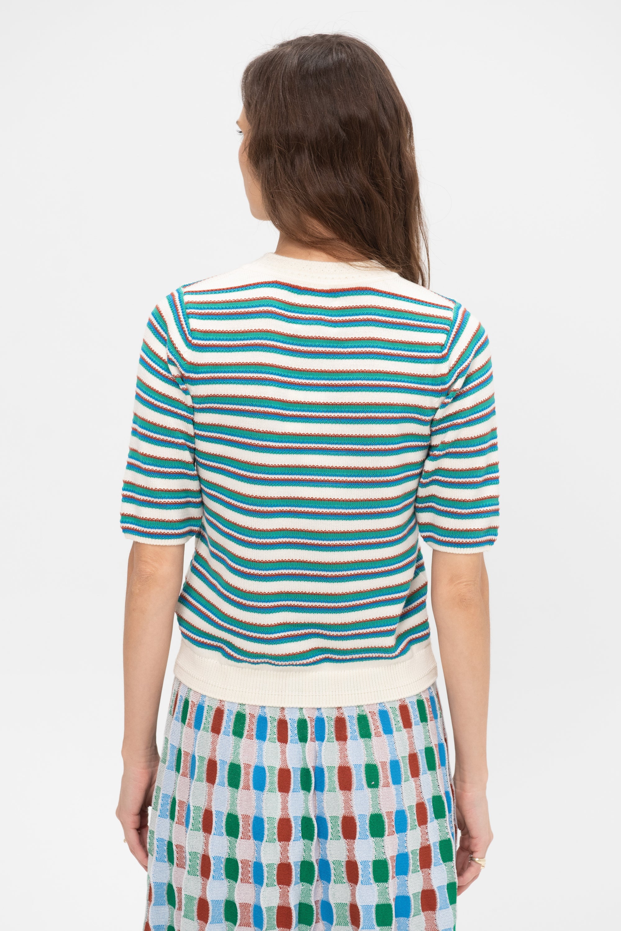 Divin2 - Fine Knit Top With Colorful Stripes, Natural-Green-Blue