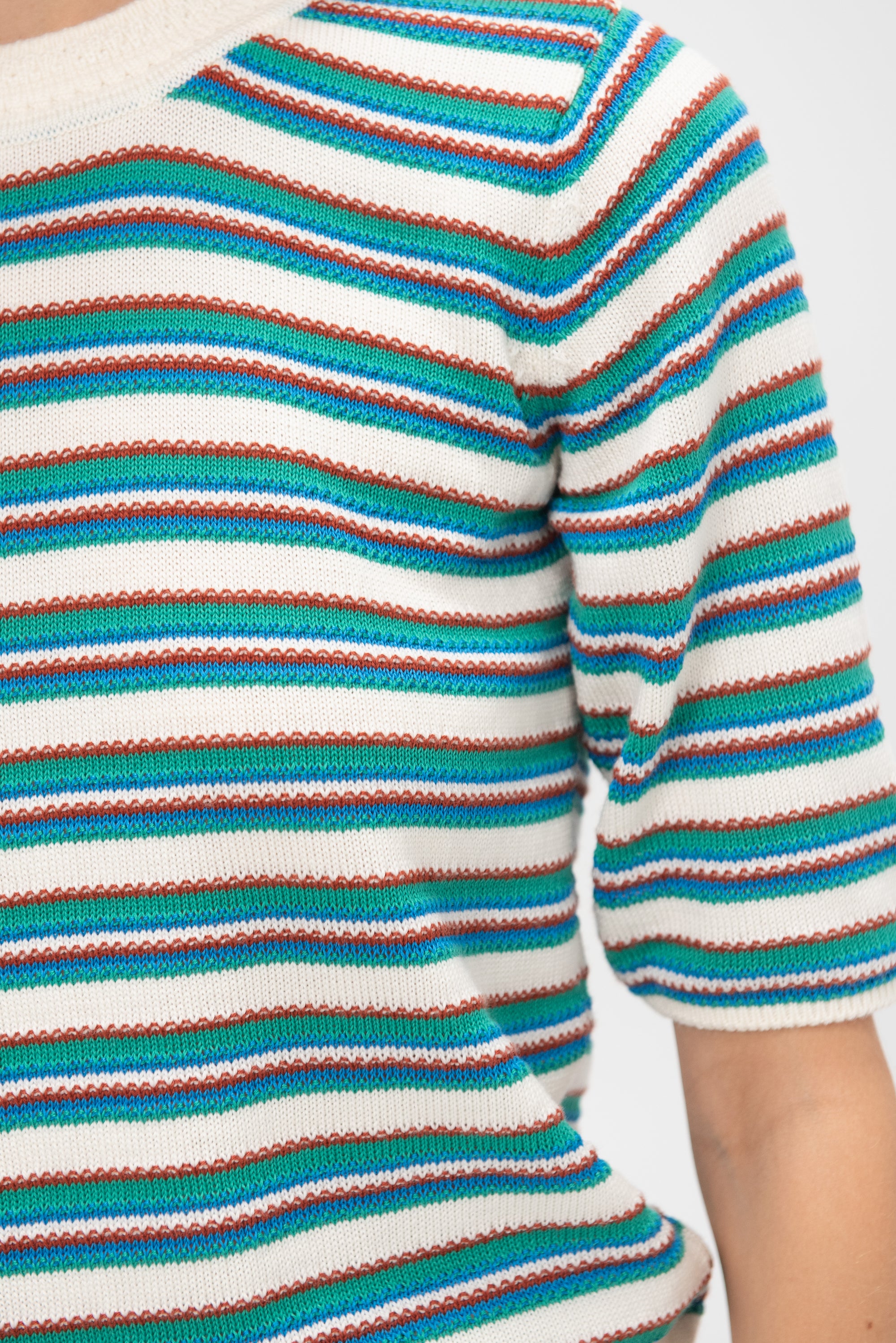 Divin2 - Fine Knit Top With Colorful Stripes, Natural-Green-Blue