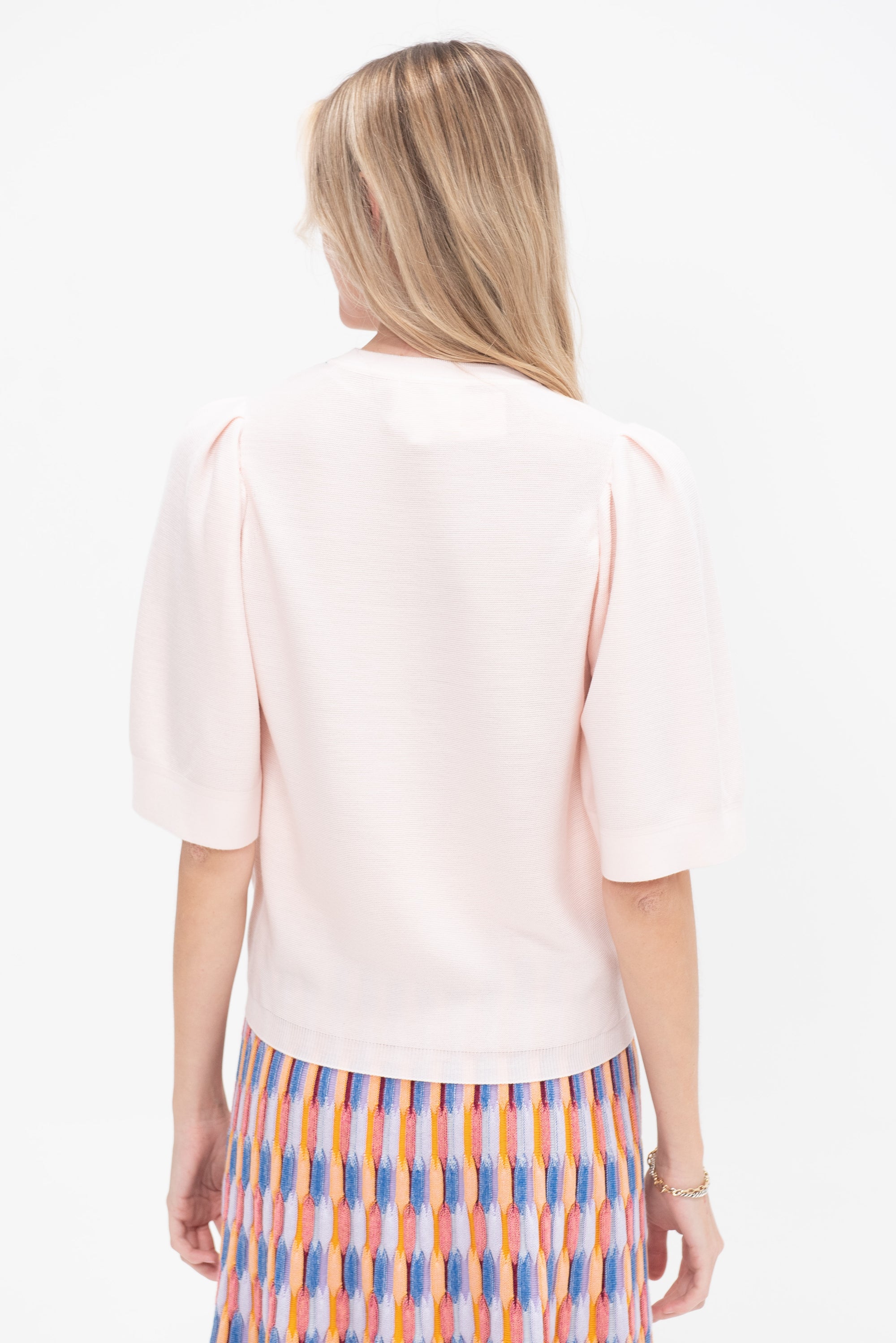 Tournesol - Pleated Elbow-Length Sleeved Knit Top, Petal