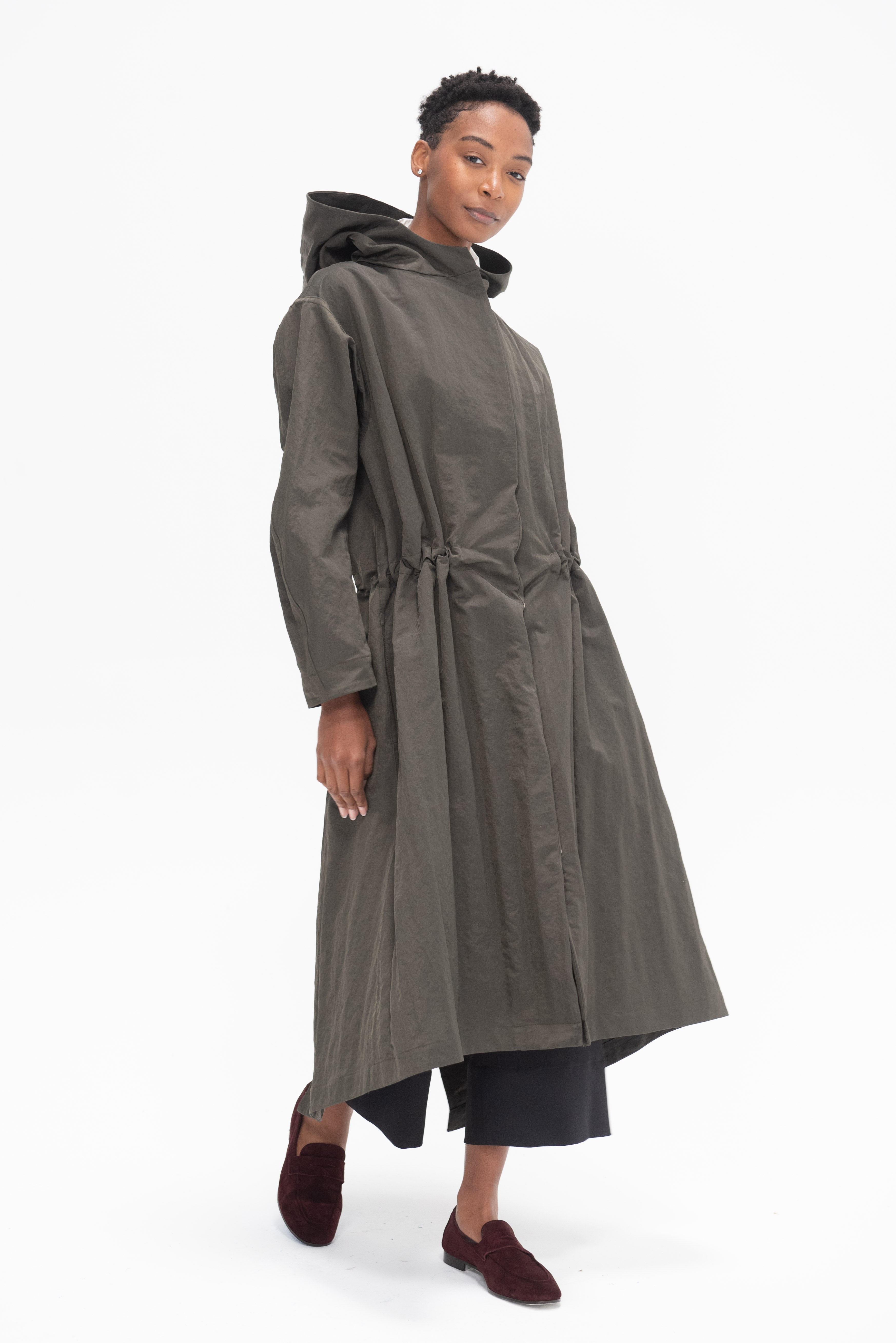 Nomia Design Extra Long Fishtail Parka Peat Nylon Kick Pleat