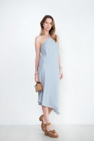 Nomia - Halter Bias Dress, Sky & Ecru Gingham