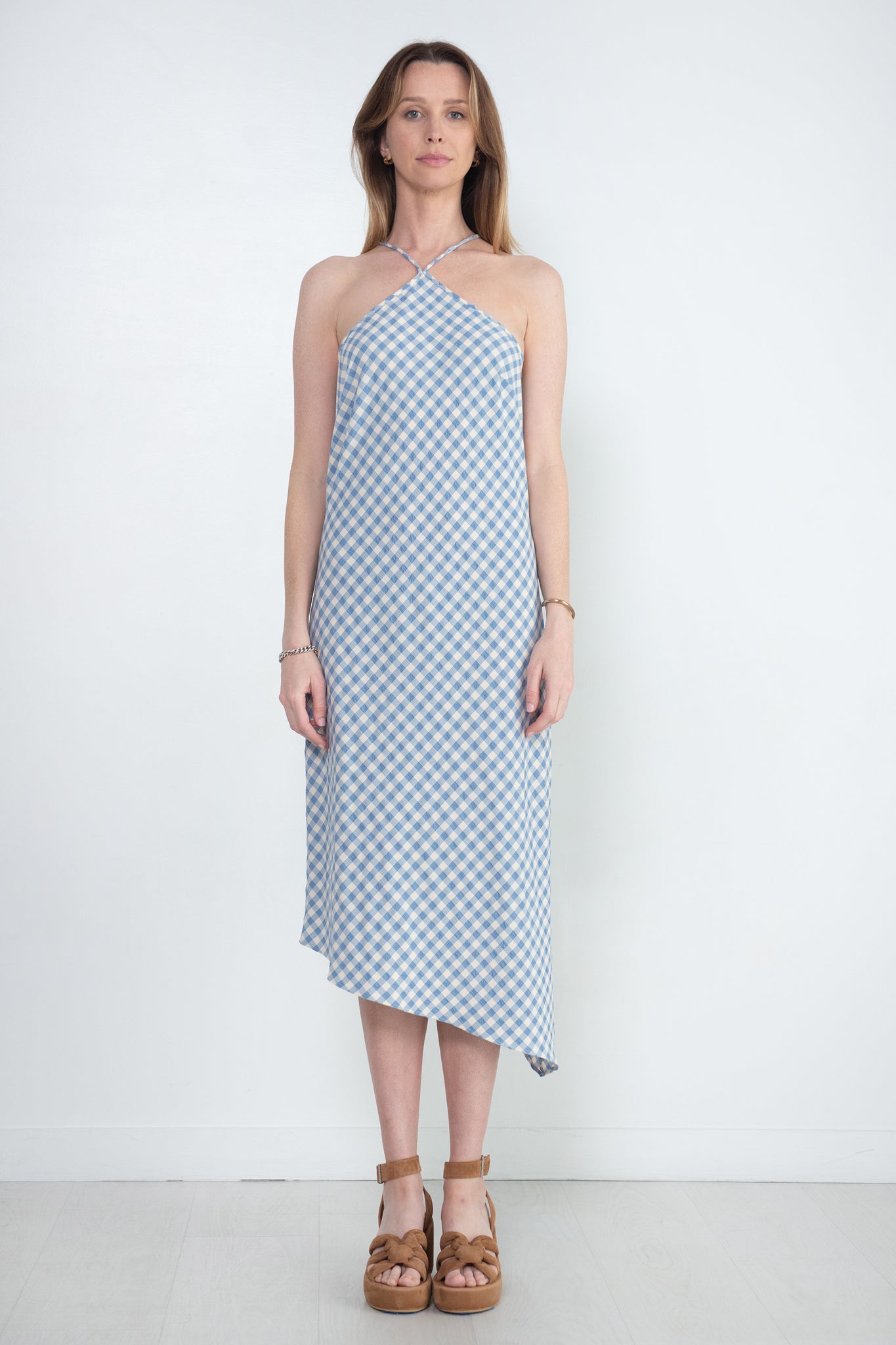Nomia - Halter Bias Dress, Sky & Ecru Gingham