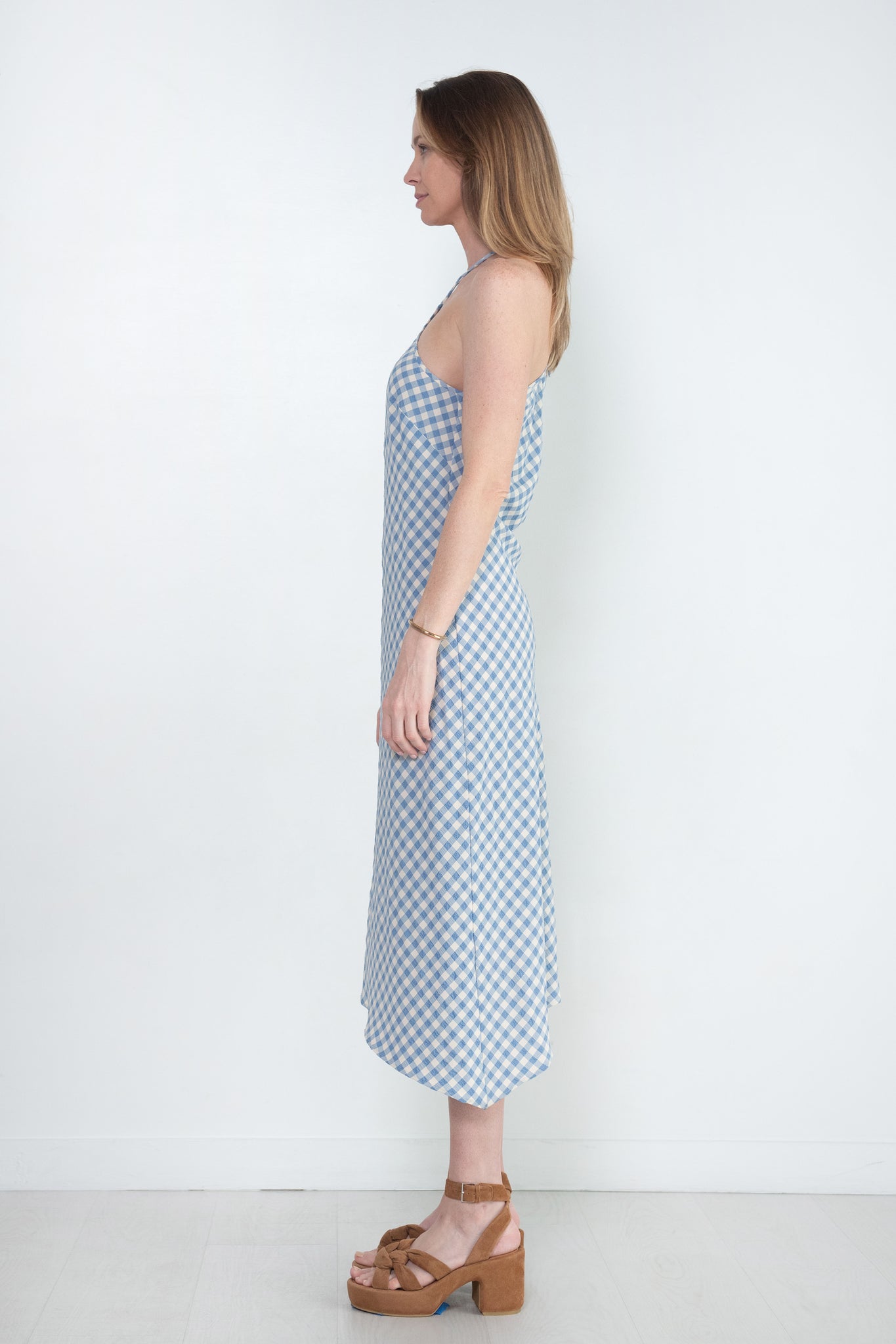 Nomia - Halter Bias Dress, Sky & Ecru Gingham