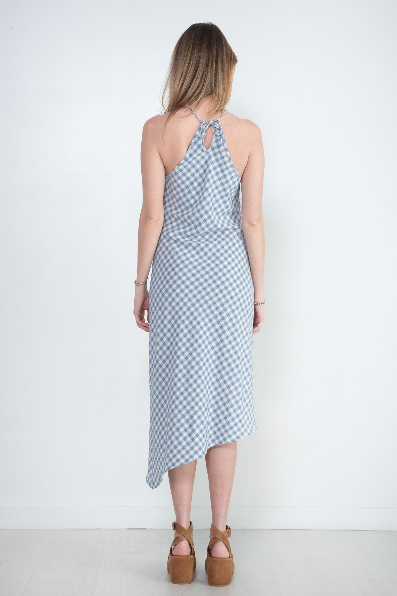 Nomia - Halter Bias Dress, Sky & Ecru Gingham