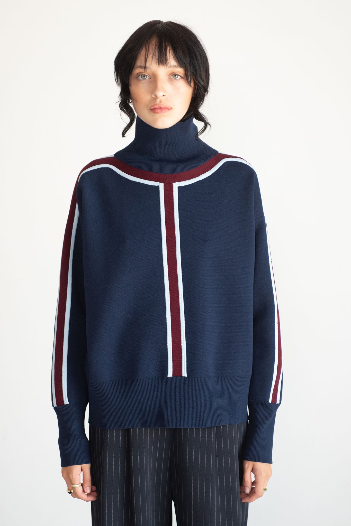 Nomia - Track Stripe Mockneck Sweater, Midnight with Burgundy Stripe