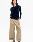 Long Sleeve Paneled Scuba Top, Ink & Grass