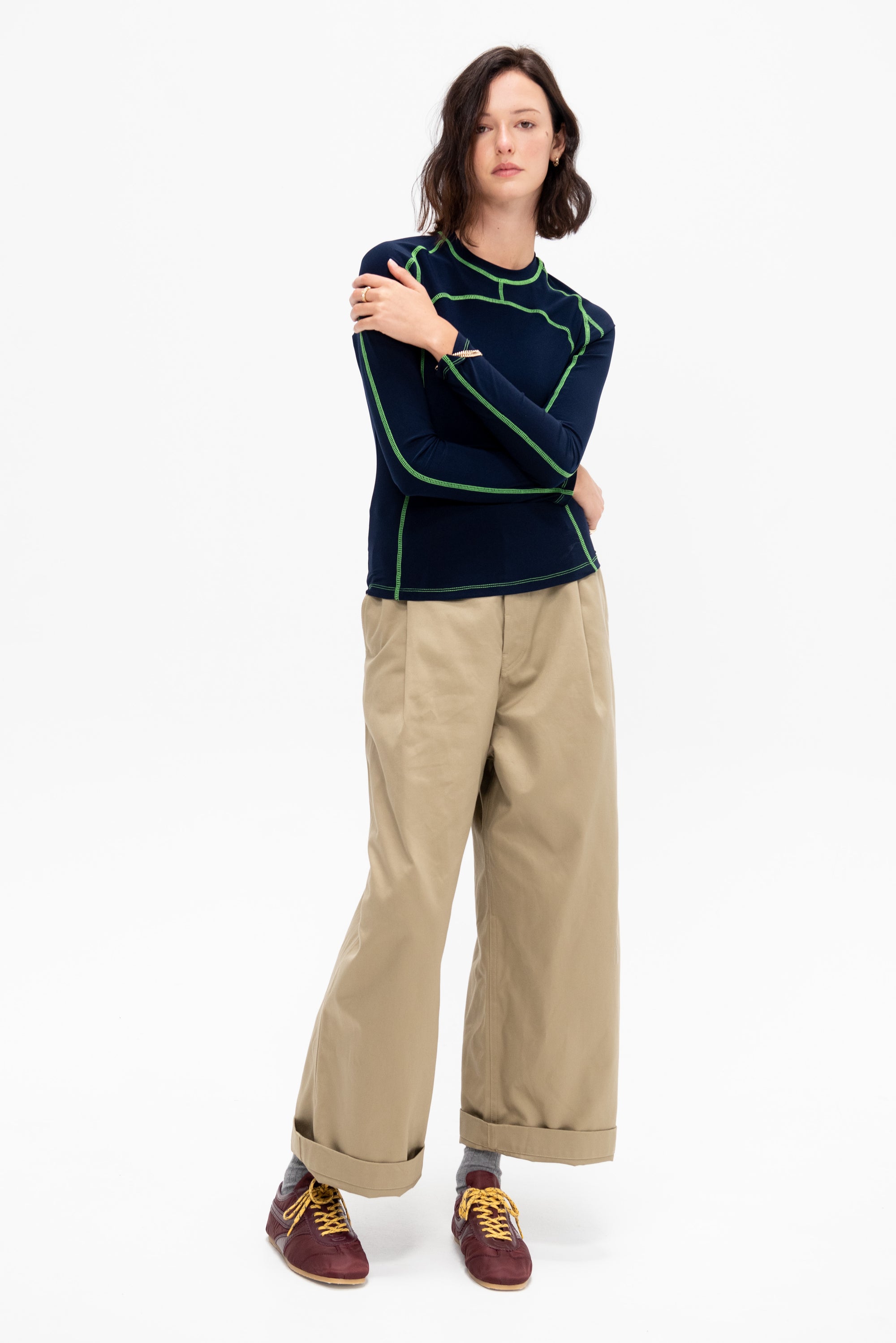 Long Sleeve Paneled Scuba Top, Ink &amp; Grass