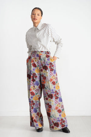 ODEEH - Impressionist Flowers Cotton Denim Pants, Foggy Blue