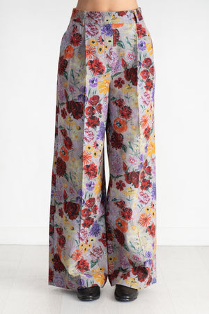 ODEEH - Impressionist Flowers Cotton Denim Pants, Foggy Blue