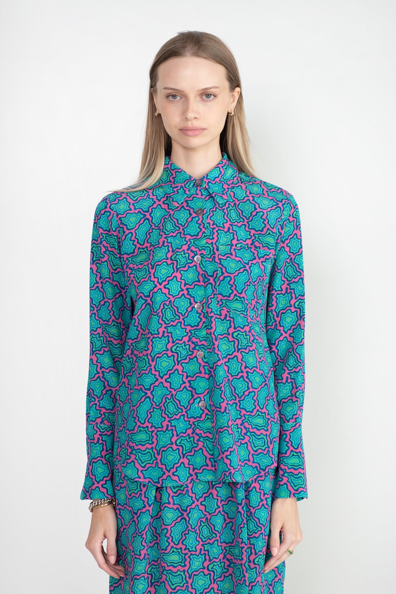 ODEEH - Memphis Achats Crepe De Chine Blouse, Caribbean Blue