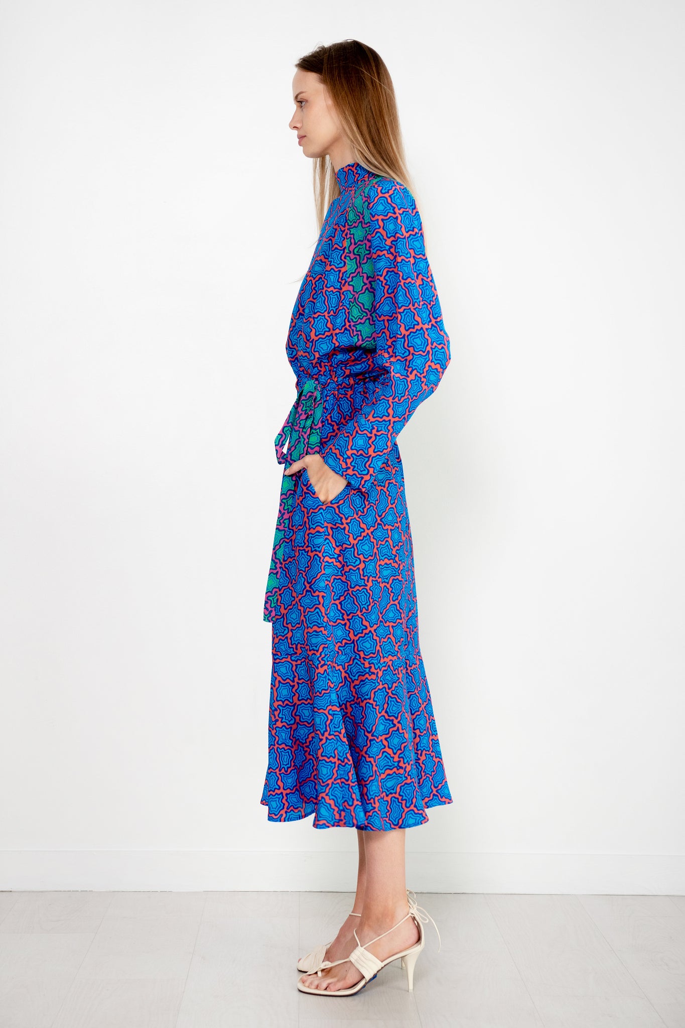 ODEEH - Memphis Achats Crepe De Chine Dress, Turquoise Blue