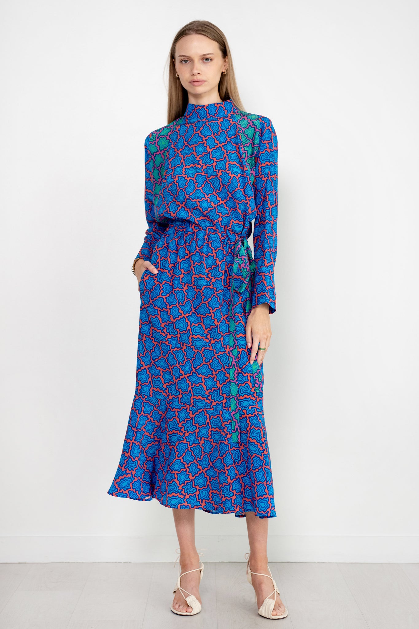 ODEEH - Memphis Achats Crepe De Chine Dress, Turquoise Blue